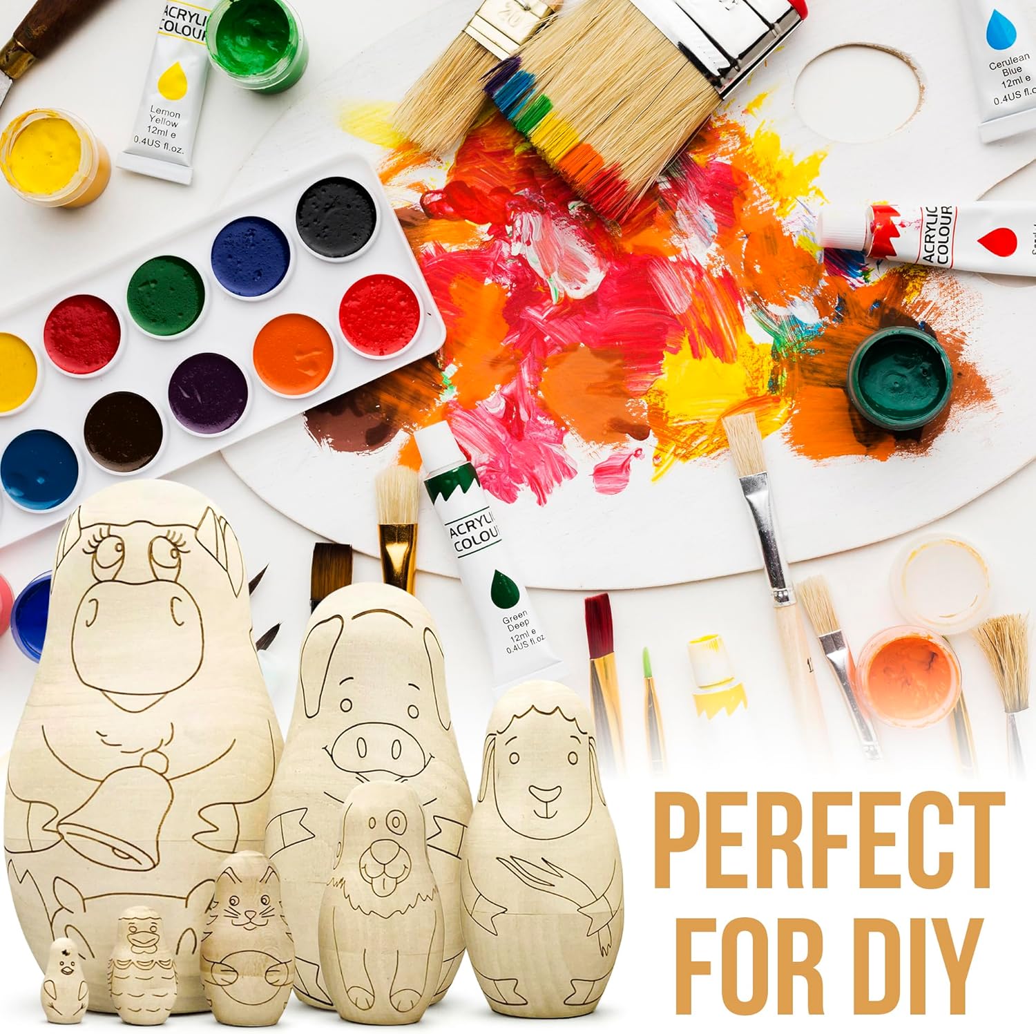 Paint Your Own Nesting Dolls Set of 7 – Unfinished Wooden Farmyard Characters Blank Nesting Matryoshka for DIY Craft Projects and Art Activities - Wood Craft Kit