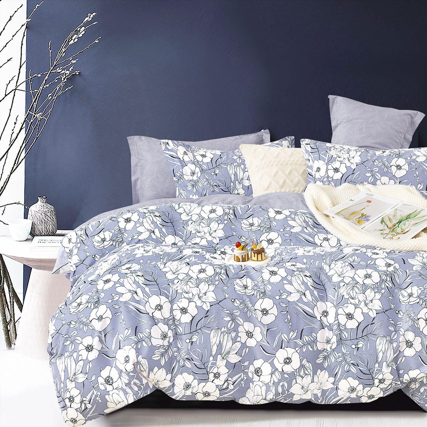 Photo 1 of LEMIROE 100% Cotton Floral Duvet Cover Queen Size,Vintage Design with Luxurious Off-White Flowers on Light Lavender,Reversible Bed Sets 3Pcs,Button Closure