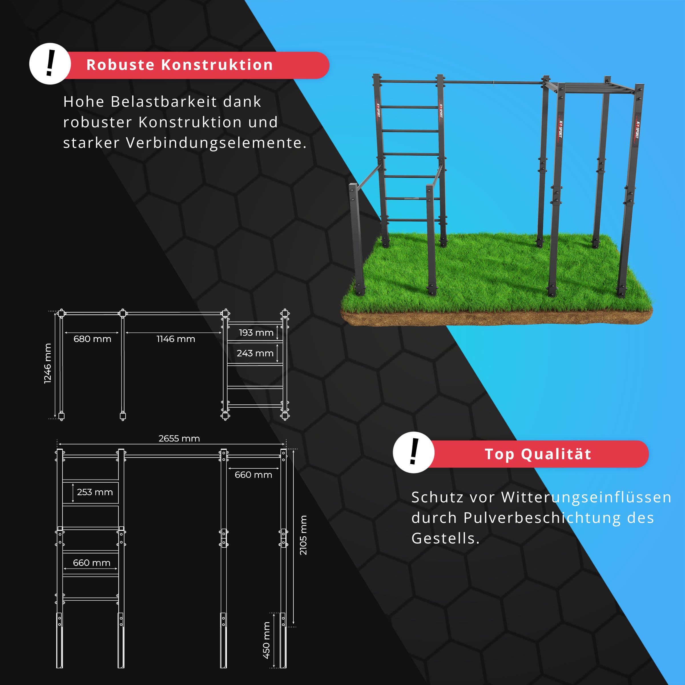 K-Sport: Calesthenics Outdoor Station I barra per trazioni stazionarie da esterni + stazione Dip fino a 175 kg di carico I resistente alle intemperie, Made in EU