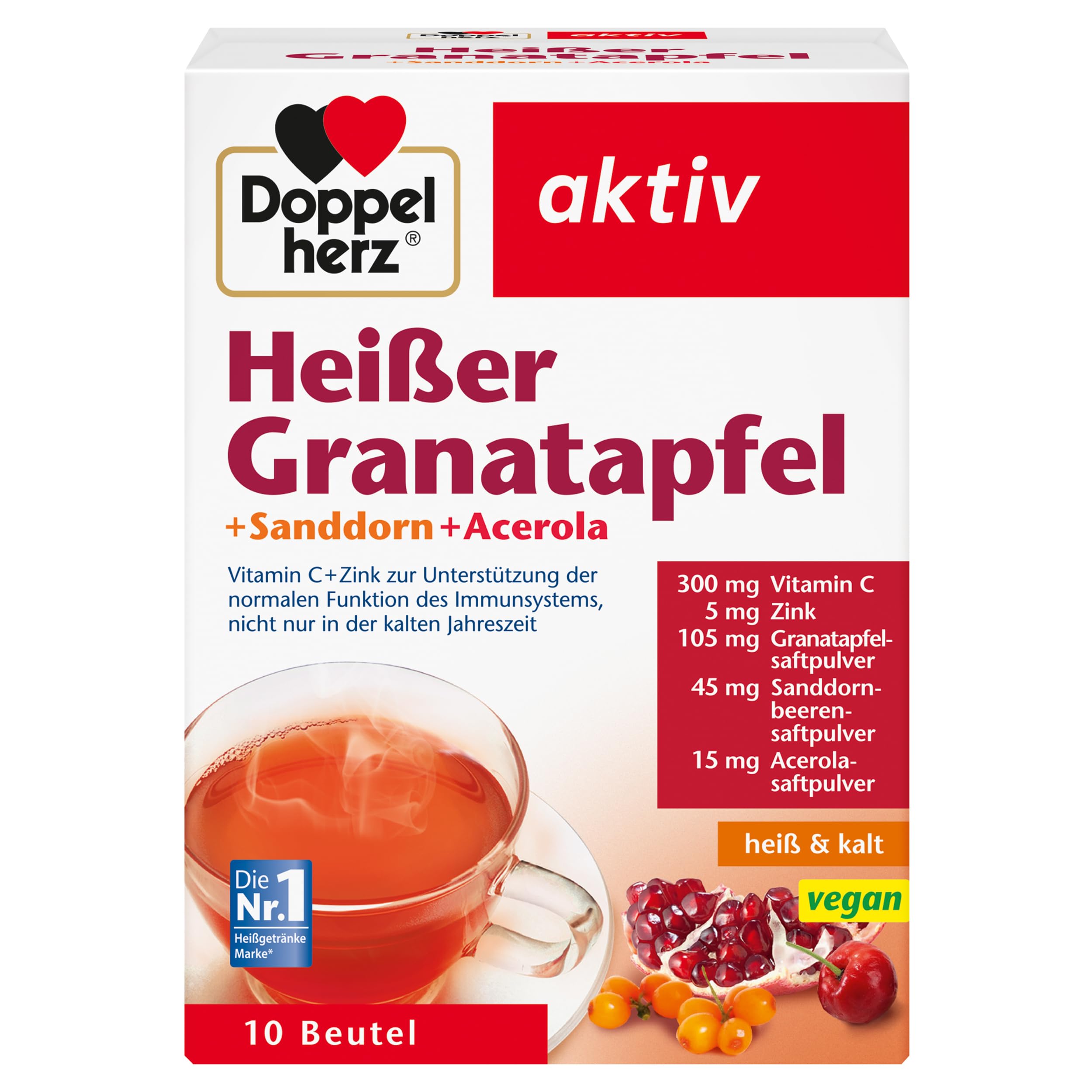 Doppelherz Heißer Granatapfel Sanddorn Acerola - Vitamin C und Zink zur Unterstützung der normalen Funktion des Immunsystems - heiß und kalt - vegan - 10 Beutel