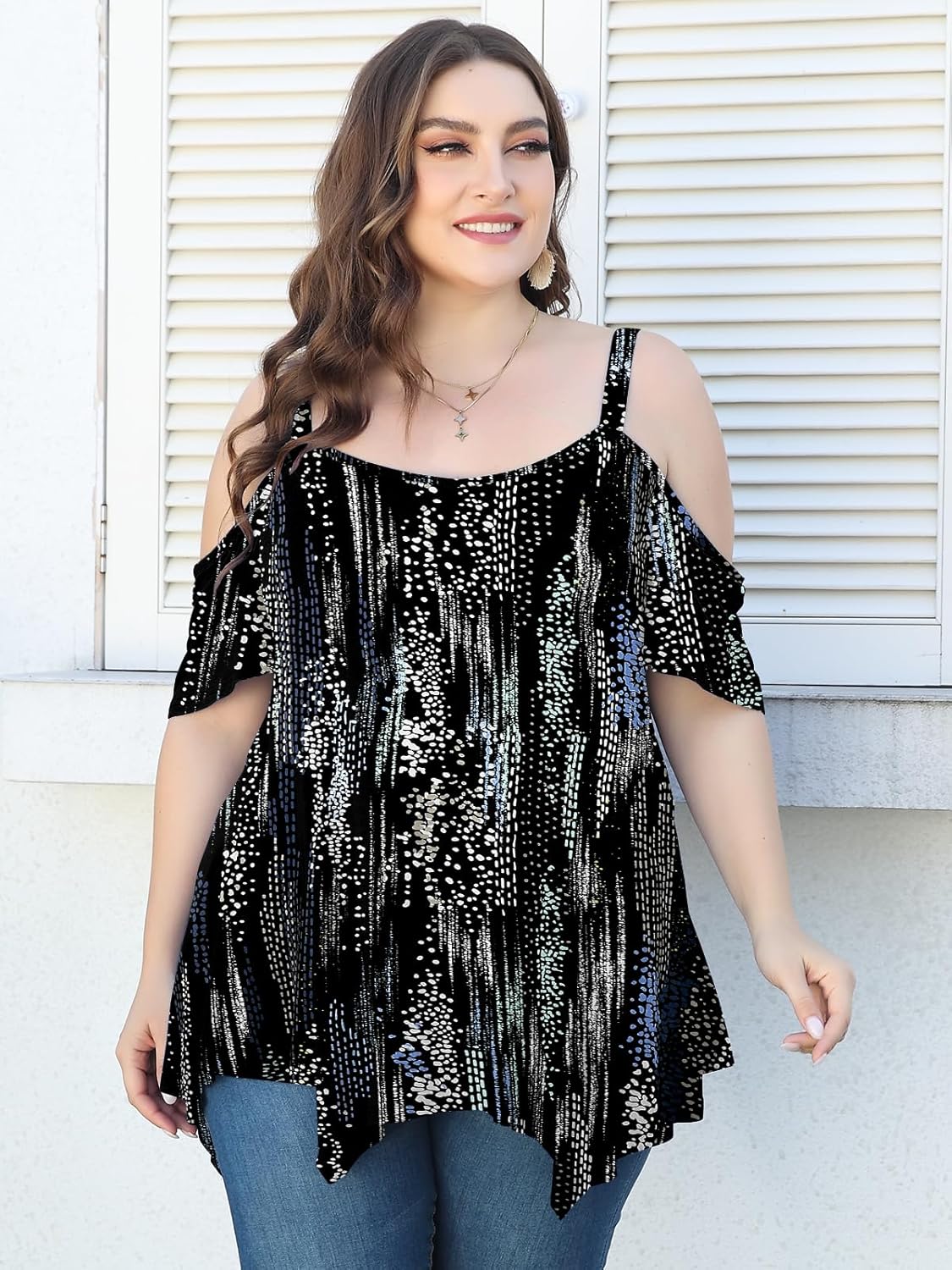 LARACE Cold Shoulder Tops for Womens Summer Clothes Spaghetti Strape Tunic Oversized Shirts Asymmetrical Plus Size Blouse - Image 3