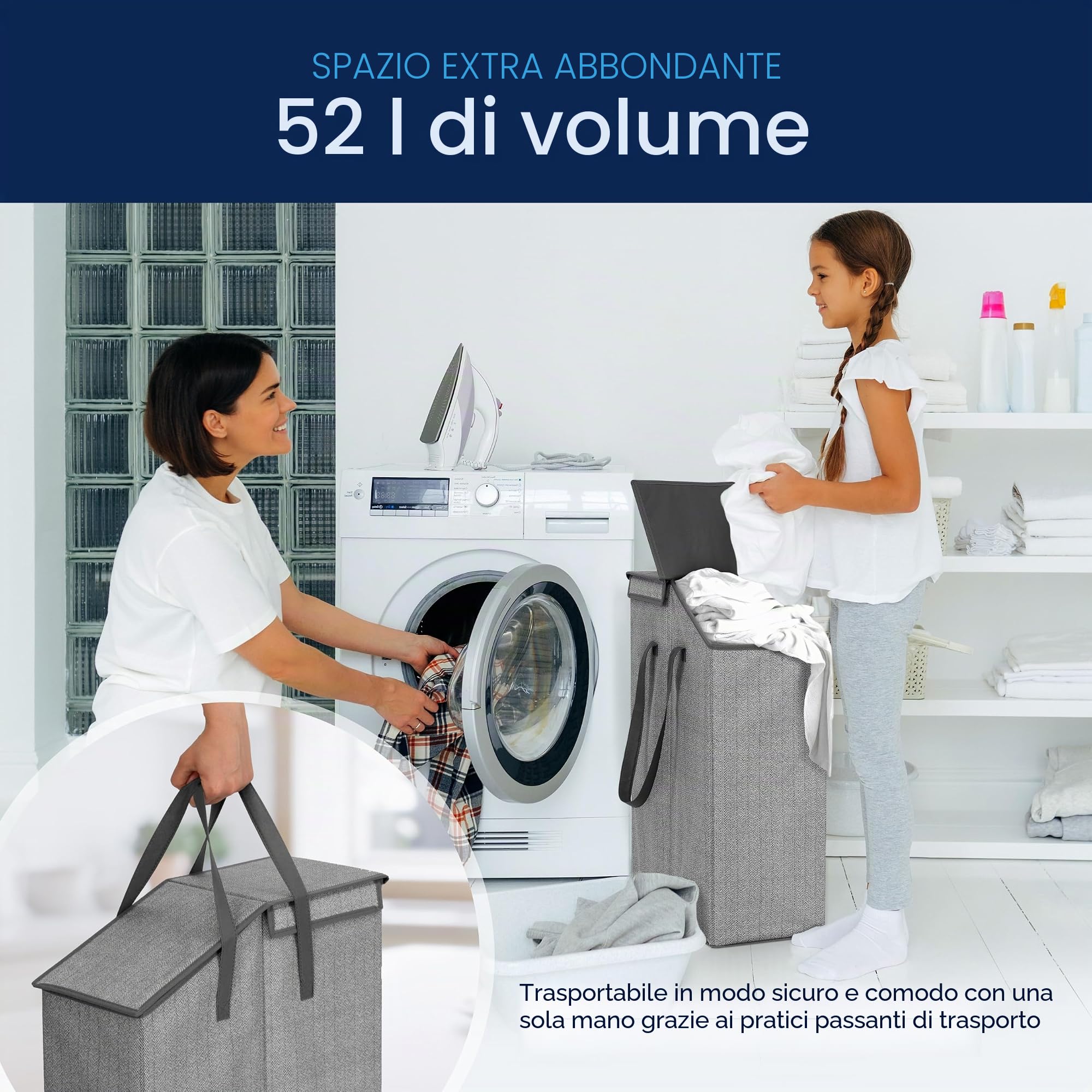 Topp4u Cesto per la Biancheria Stretto con Coperchio – Cesto per la Biancheria Pieghevole per Riti con Molto Volume – 52 Litri – 20 x 45 x 60 cm – Cestino per la Lavanderia Sottile in Design Grigio