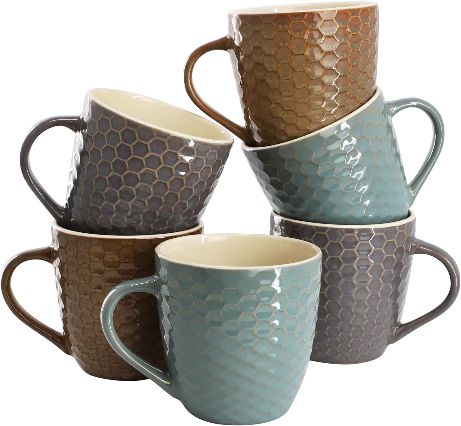 Elama Honeysuckle 6 Piece 15 Ounce Honeycomb Debossed Pattern Multi-Color Coffee Mug Set, Tea Set, Tableware, Drinkware Set (Honeysuckle)