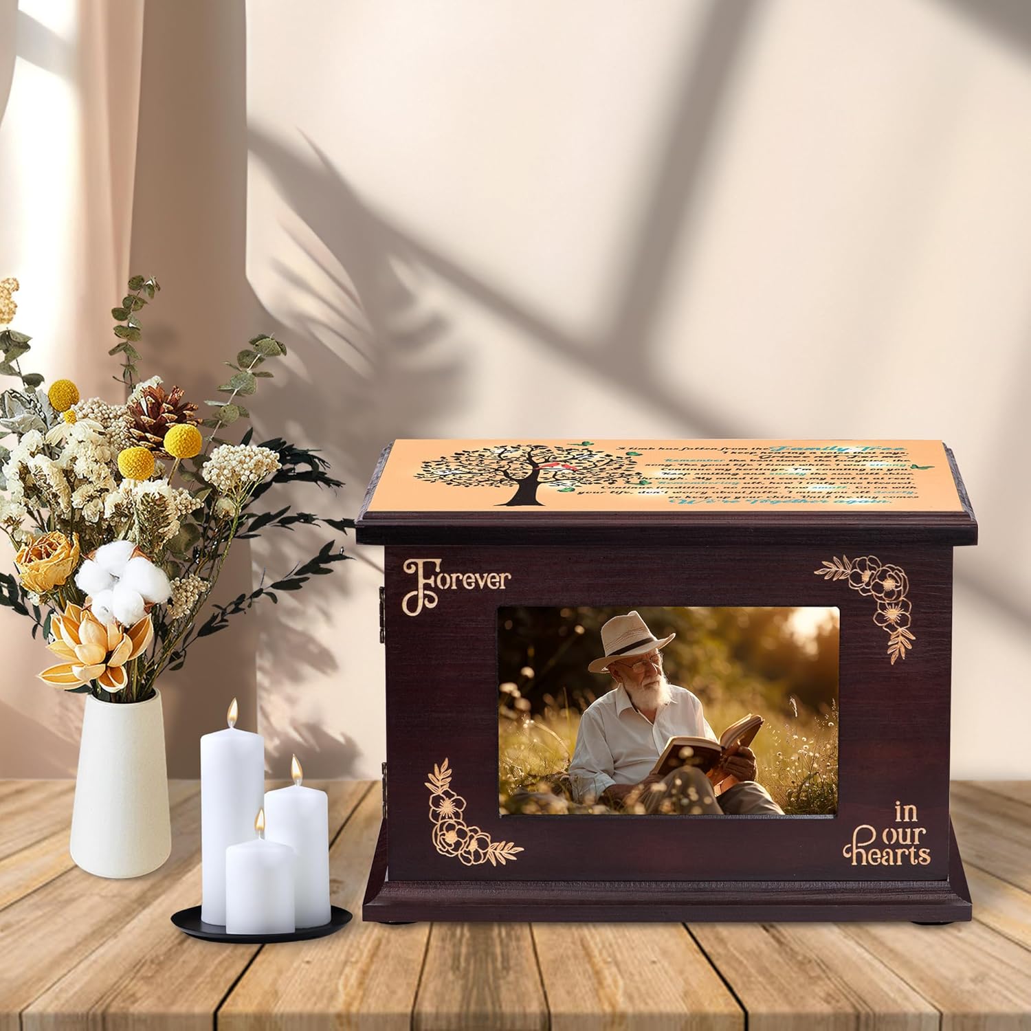 Urns for Human Ashes Adult Female Male Cremation Urns Wooden Memorial Urn for Men Women Large Burial Funeral ERN with Photo Frame Keepsake Box (Horizontal Style urn-Tree of Life)