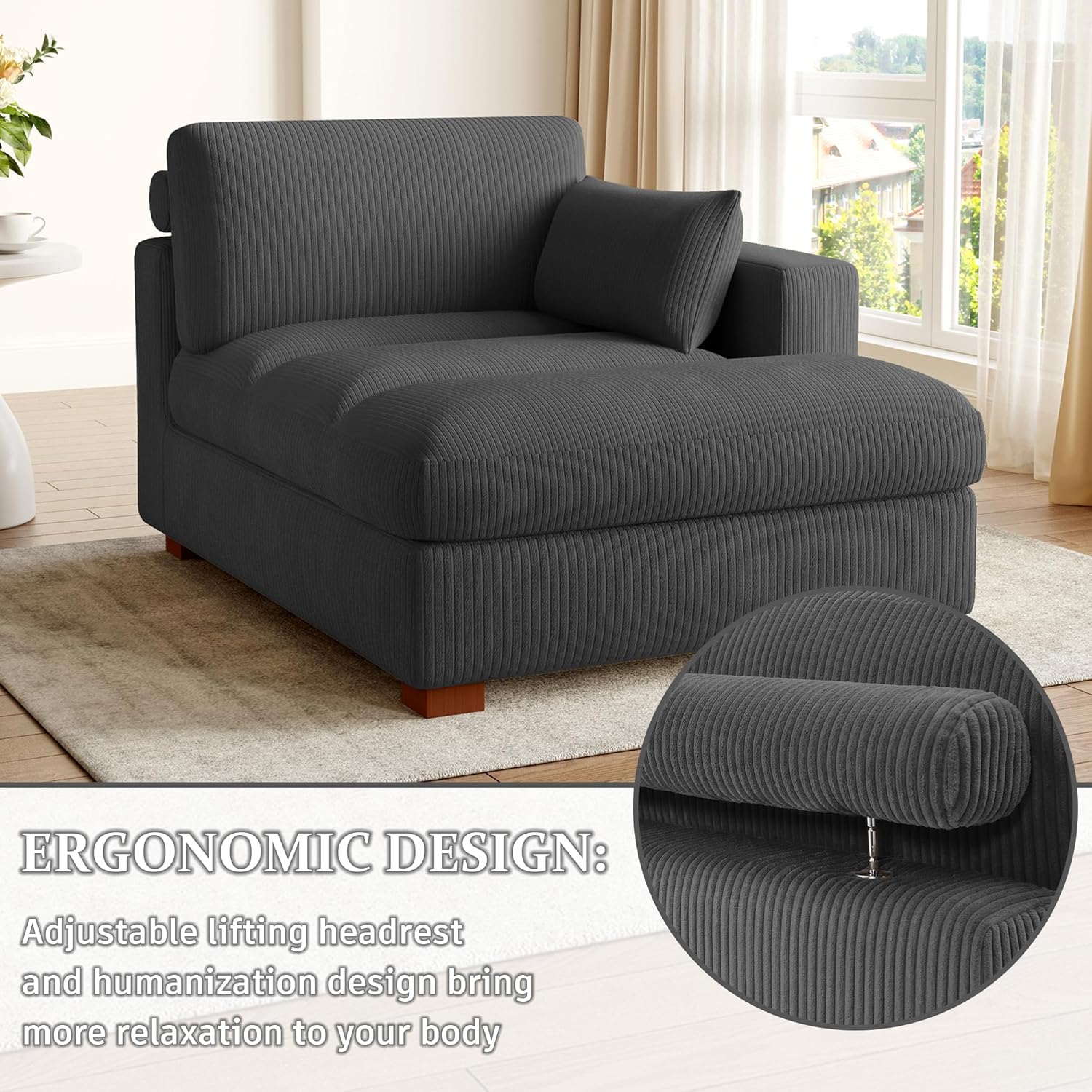 Ergonomic design of the chaise lounge with an adjustable lifting headrest