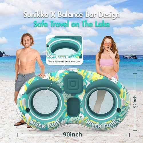 Miniatura 4 de 5-in-1 Pool Floats Adult Heavy Duty River Tube, 2 Person Water Lounge with Backrests, Built-in Cooler, Cup Holders, Deluxe Pool Float for Summer