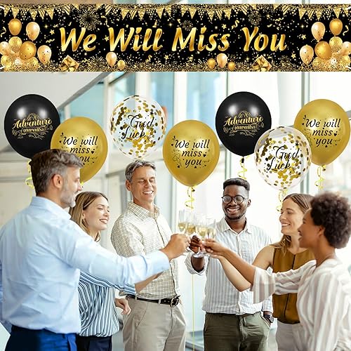 Miniatura 3 de Cartel de decoración de fiesta con texto en inglés "We Will Miss You" y 18 globos de buena suerte para despedida, despedida, jubilación, graduación,