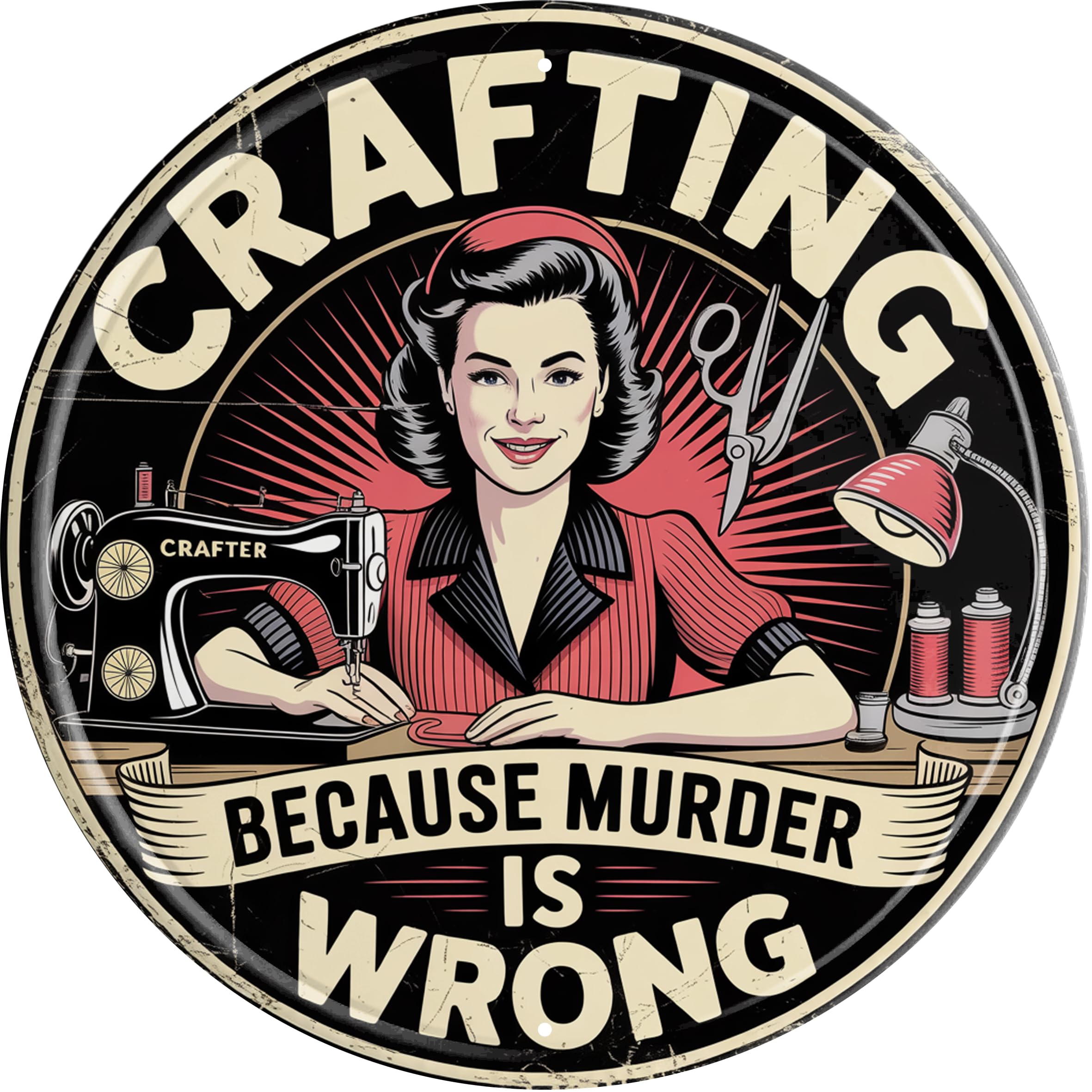 AWISZZZ Crafting Because Murder Wrong Metal Sign 8x8in Round Funny Plaque for Craft Room Wall Decor Maker Gift