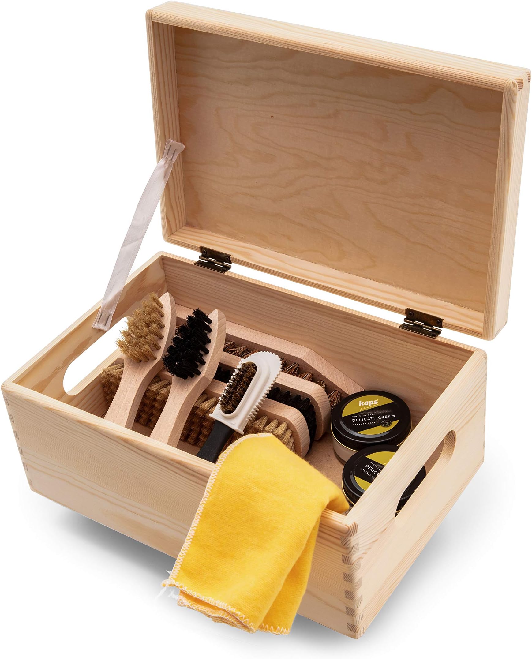 Shoe Care Set Kit Wooden Box Verona Style Valet Box, Water-Based Shoe Cream with Langlauf Brushes, Made in Europe by Pros, All-In Shoe Boot Leather Cleaning Shining, 10 Pieces