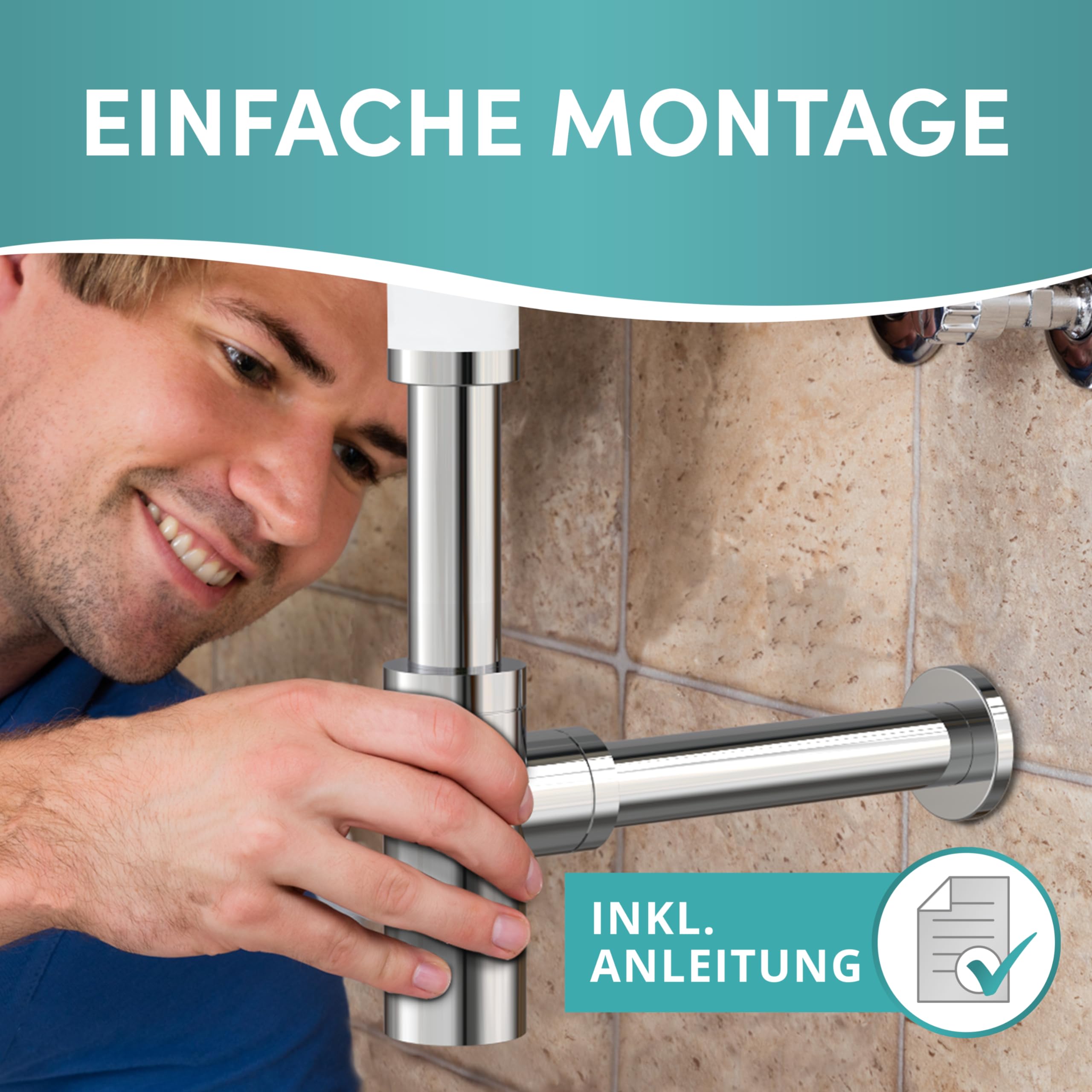Engelbach® Design Siphon für Waschbecken & Waschtisch - Mit Reinigungsöffnung - Universal Abflussrohr 1 1/4" - Geruchsverschluss, Syphon inkl. Gummimanschette und Anleitung