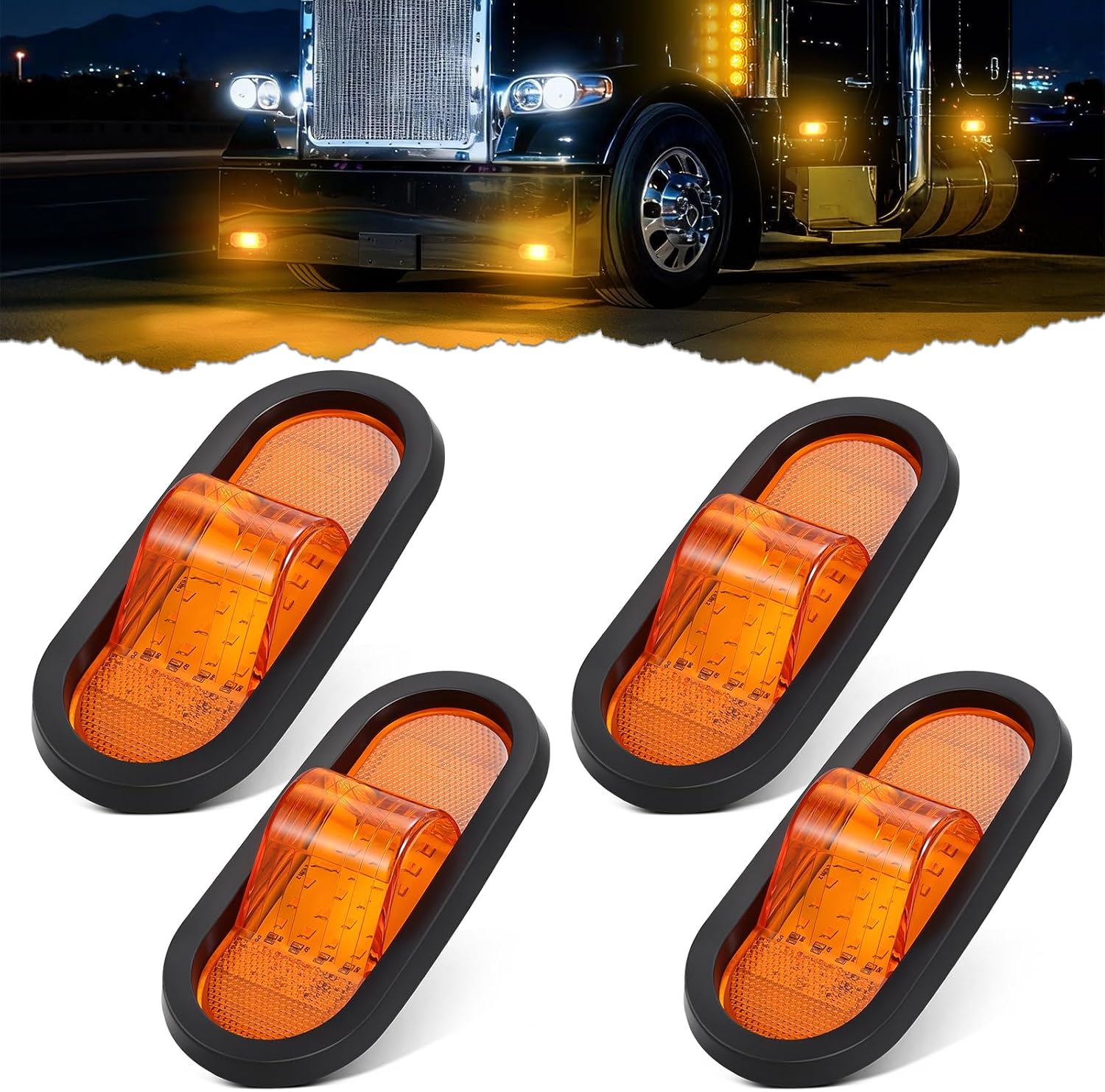 4PCS 6.5 Inch Oval LED Side Marker Lights 24 LED Mid Turn Signal Amber Marker Lights w/Reflex Lens, Rubber Grommet Sealed 6 Inch Led Mid-Ship Marker and Turn Signal Lights for Semi Trucks Trailers RVs