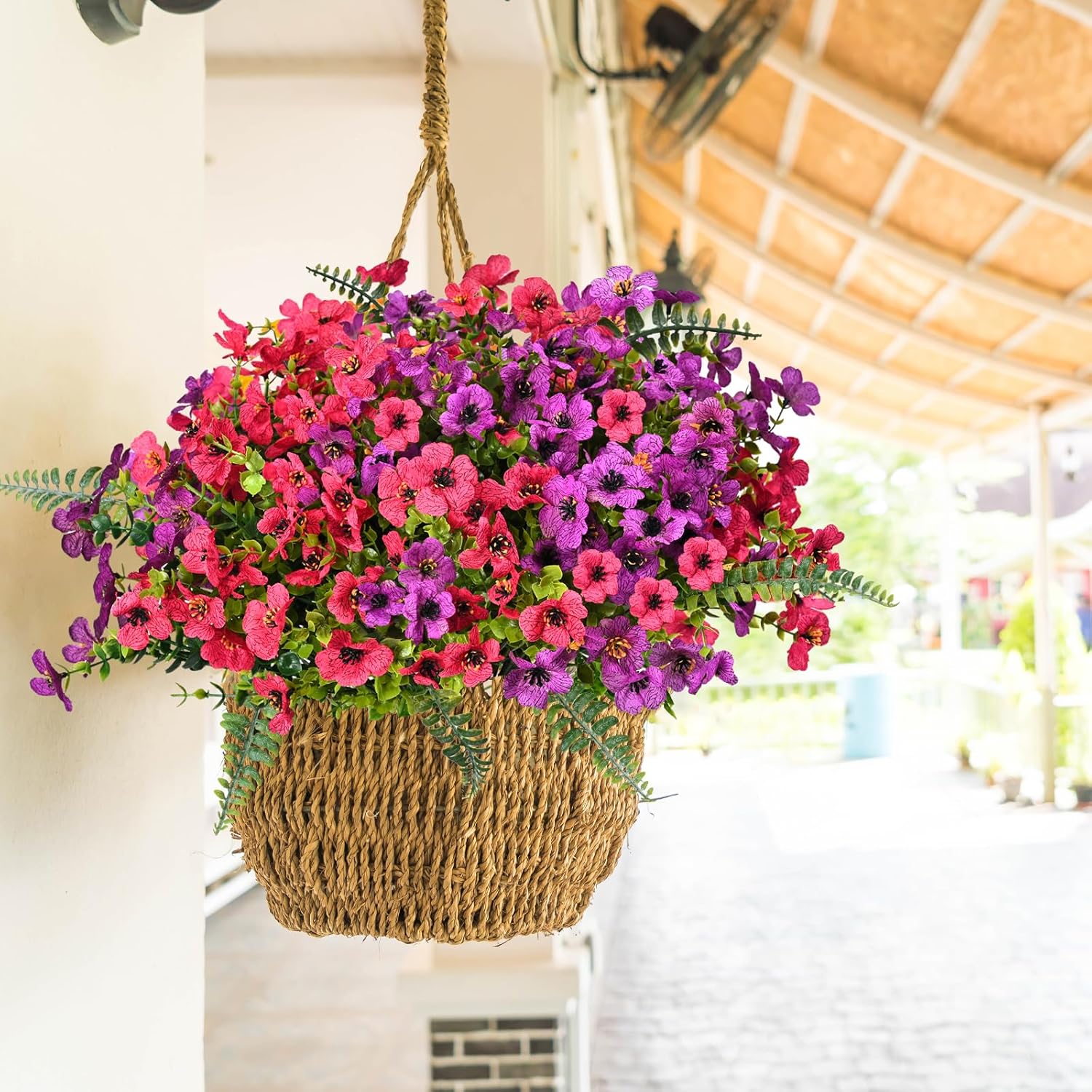 Artificial Faux Plants Flowers Outdoor Decoration,16 Bundles Fake Silk Colorful Daisy Eucalyptus Realistic UV Resistant for Outside Home Planter Porch Patio Yard Decor (Purple Red) - Image 8