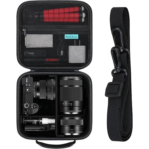 RAIALL Camera Case for Sony Alpha ZV-E10/a6000/a6100/a6400/a6600/a6700/ Sony Alpha 7 II IV/ZV-E10 II Mirrorless Digital Camera and Lens, Hard Travel Bag with a Shoulder Strap and 3 Dividers, Black