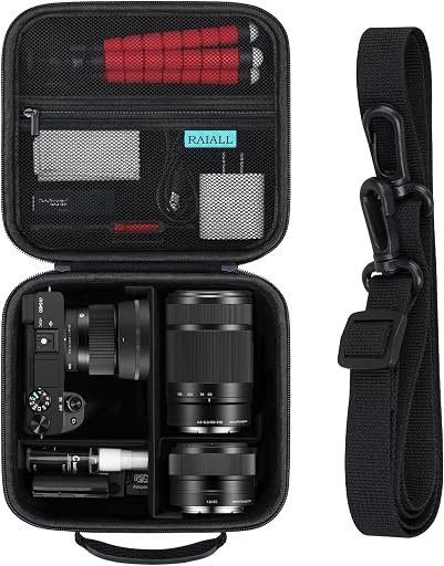 RAIALL Camera Case for Sony Alpha ZV-E10/a6000/a6100/a6400/a6600/a6700/ Sony Alpha 7 II IV/ZV-E10 II Mirrorless Digital Camera and Lens, Hard Travel Bag with a Shoulder Strap and 3 Dividers, Black