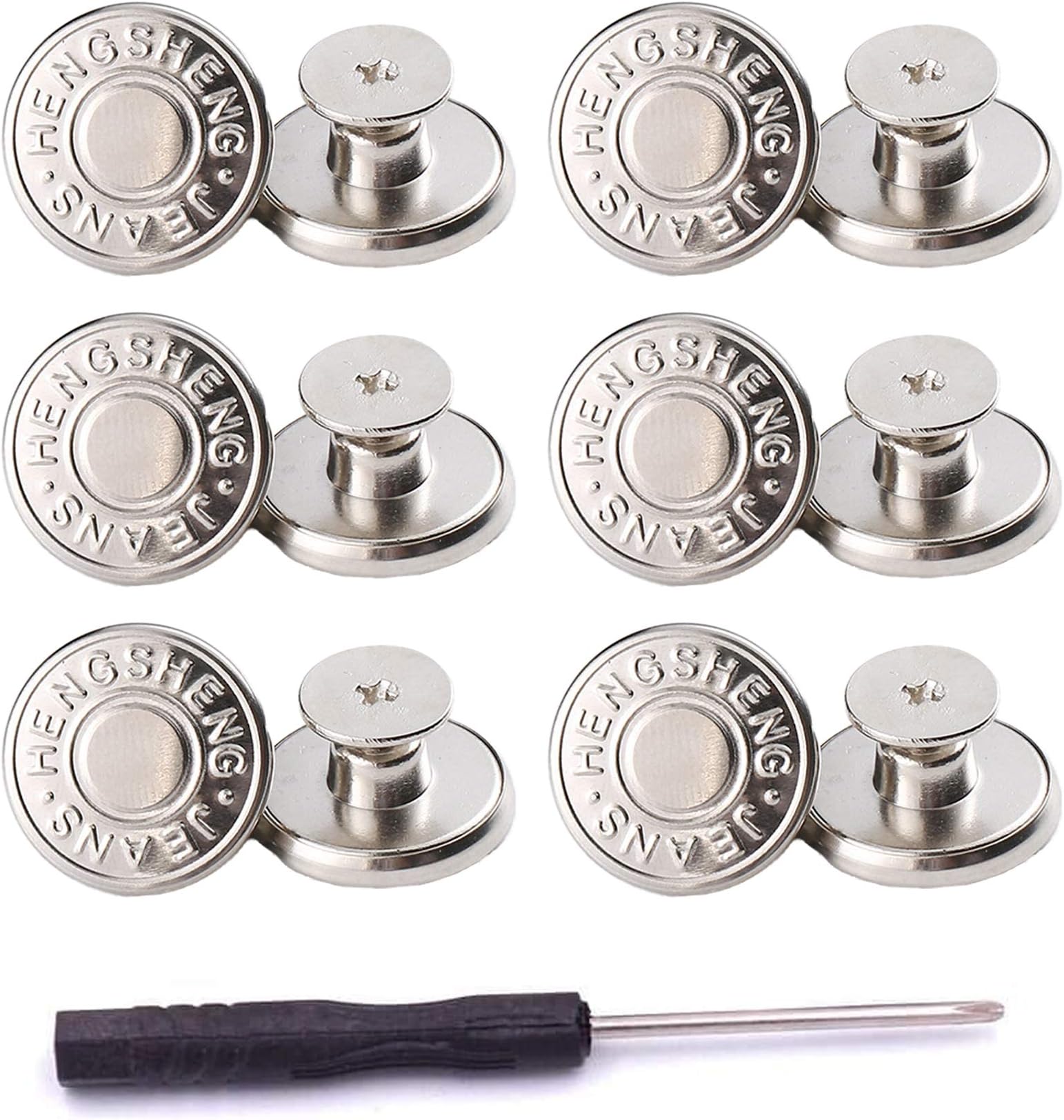 ICEYLI 12 Sets Silver Jeans Buttons Replacement 17mm No Sewing Metal Button Repair Kit Nailess Removable Jean Buttons Replacement Combo Thread Rivets and Screwdrivers