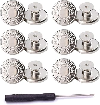 ICEYLI 12 Sets Silver Jeans Buttons Replacement 17mm No Sewing Metal Button | Nailess Removable Jean Buttons Replacement Combo Thread Rivets and Screwdrivers