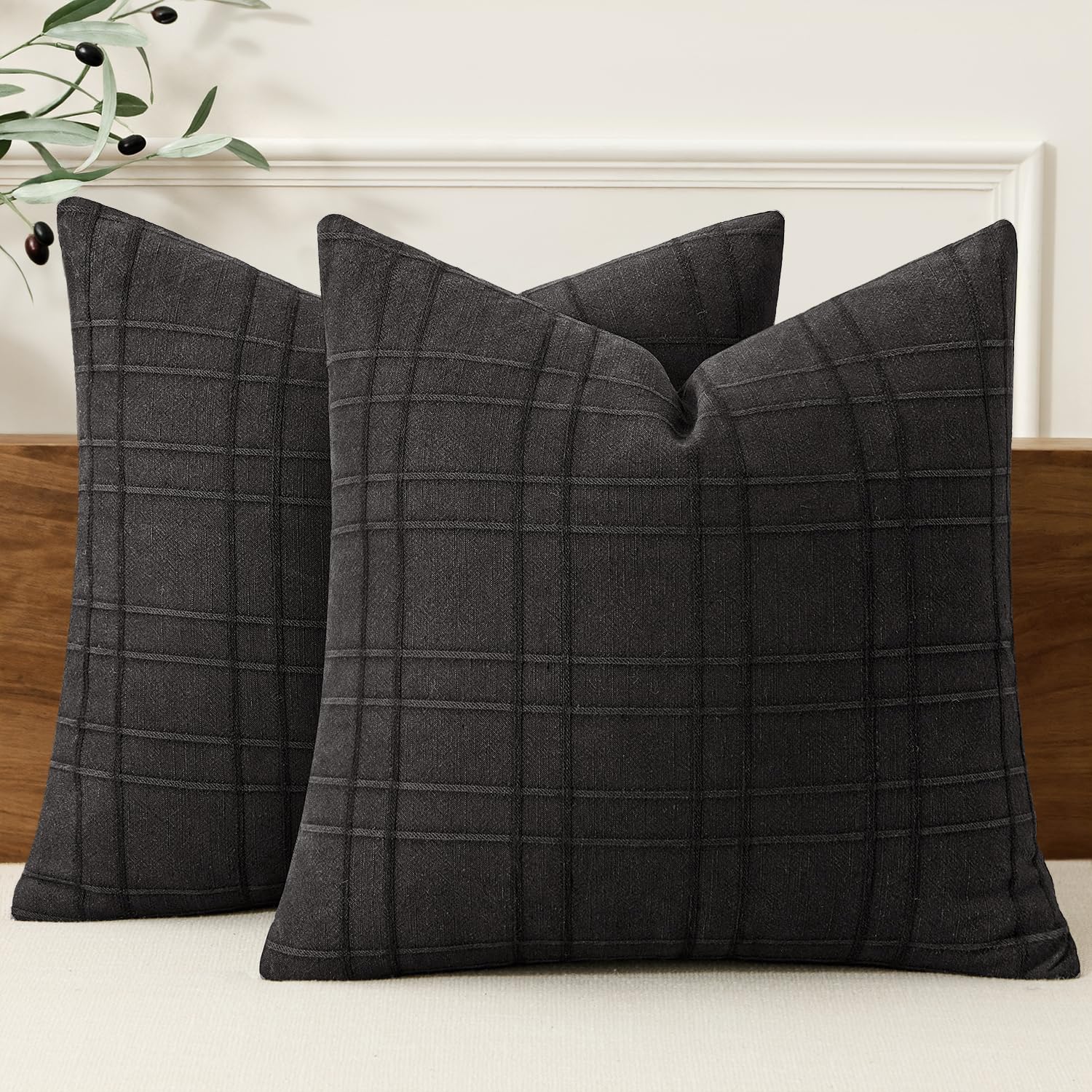 MIULEE Linen Plaid Pillow Covers Decorative 20x20 Black