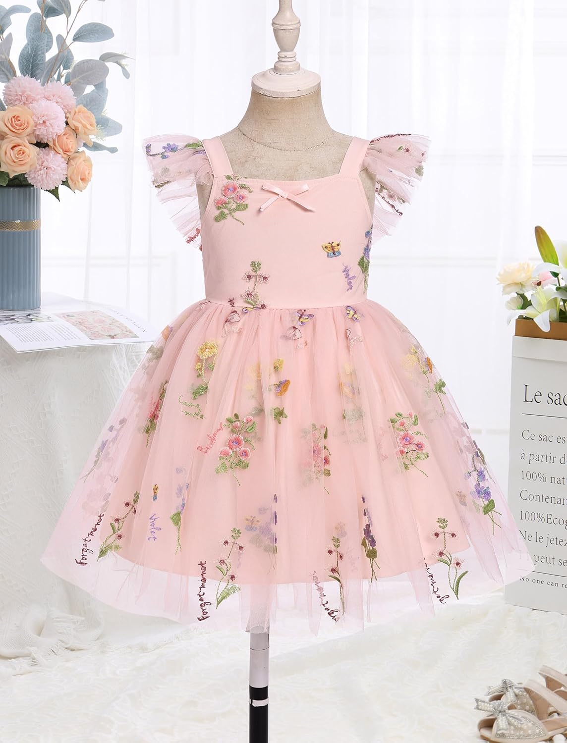 IMEKIS Toddler Baby Girls Tulle Dress Floral Embroidery Wedding Party Pageant Birthday Photo Shoot Outfit 1-6T