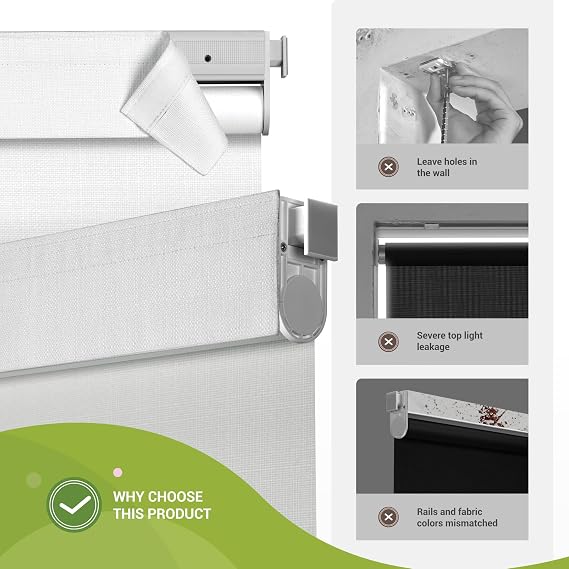 No Drill No Tools Blackout Roller Shades for Windows, Cordless Blinds with Linen Fabric-Matched, Custom Roller Blinds for Home Office Door, Linen White(Single Tensioner), 36 W x 36 H