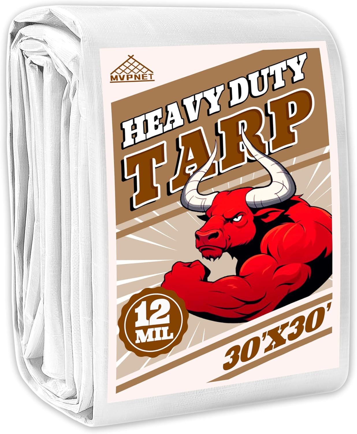 Tarp 30x30 ft Heavy Duty 12mil 100% Waterproof High Durability Multipurpose,Uv Resistant,White Tarp Suitable for Swimming Pools, Boats, Camping, Courtyards, Etc -by MVPNET White 30x30