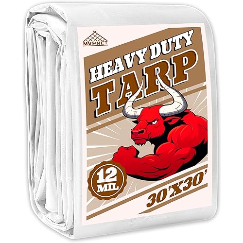 Tarp 30x30 ft Heavy Duty 12mil 100% Waterproof High Durability Multipurpose,Uv Resistant,White Tarp Suitable for Swimming Pools, Boats, Camping, Courtyards, Etc -by MVPNET