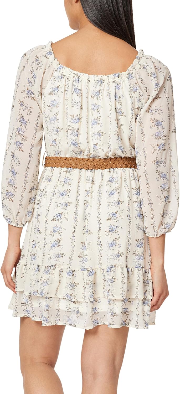 WallFlower Women's Wren Peasant Belted Mini Chiffon Dress