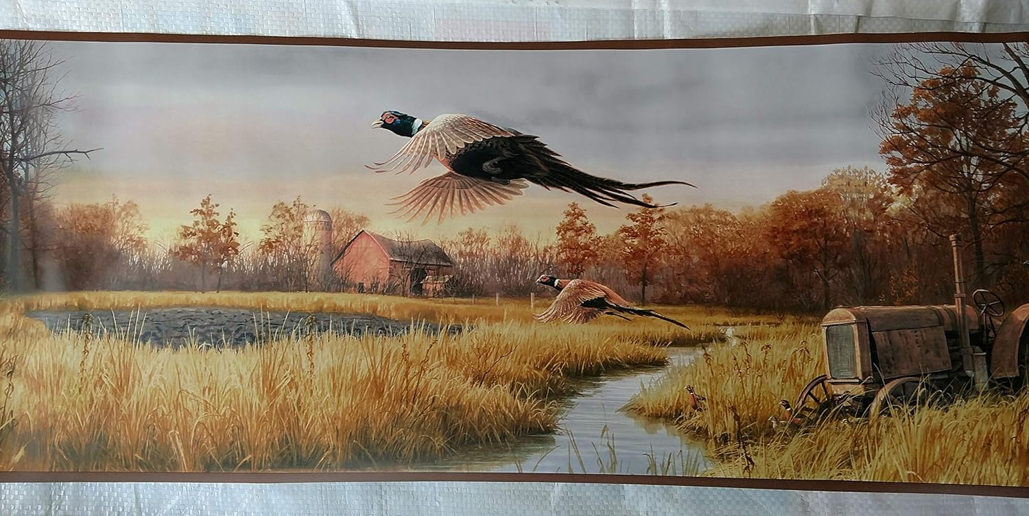 Pheasants Tractor Farm Scene Wallpaper Border - Brown