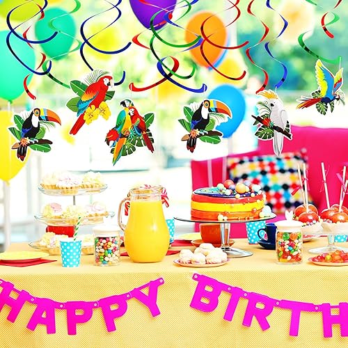 Miniatura 5 de Crtiin 30 suministros de fiesta de pájaros tropicales, decoraciones hawaianas tropicales, loro tucán colgante, remolino, decoración de techo para