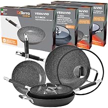 DaTerra Cucina Nonstick 4-Skillet Cookware Set 9.5" & 13" Fry Pans and 11" Fry Pan with Lid, 13" Wok with Lid Induction Compatible, Oven Safe, Ceramic Nonstick, PTFE & PFOA Free, Made in Italy