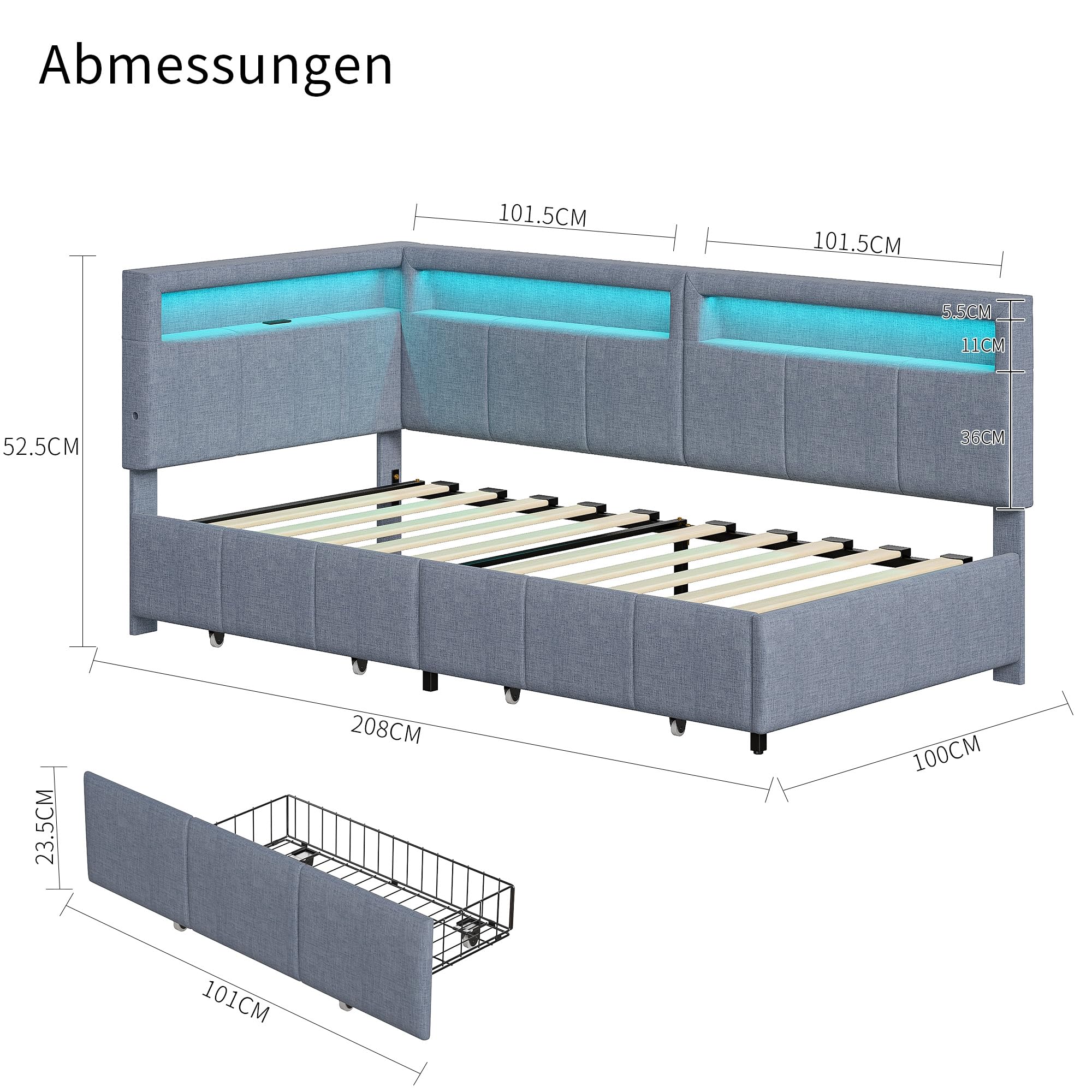 Letto angolare imbottito 90x200 cm con illuminazione a LED e USB-C, divano letto a L con 2 cassetti e ripiano contenitore, letto funzionale con base a doghe