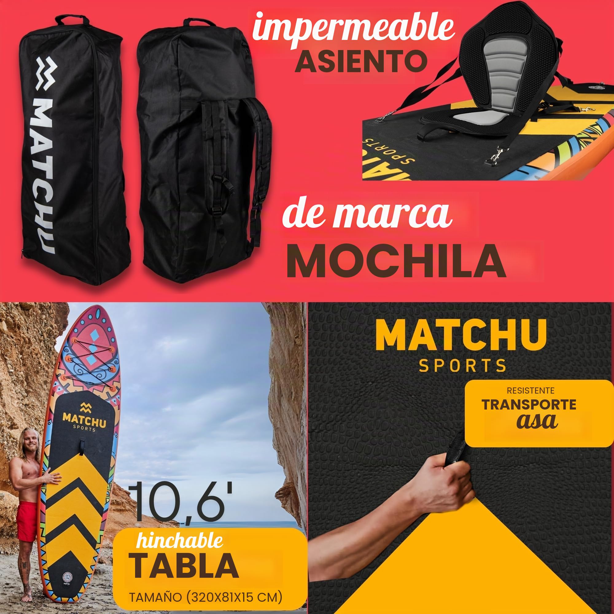 Matchu - Tabla Paddle Surf Hinchable - Set Completo - 320x81x15 CM - 150 KG De Capacidad De Carga