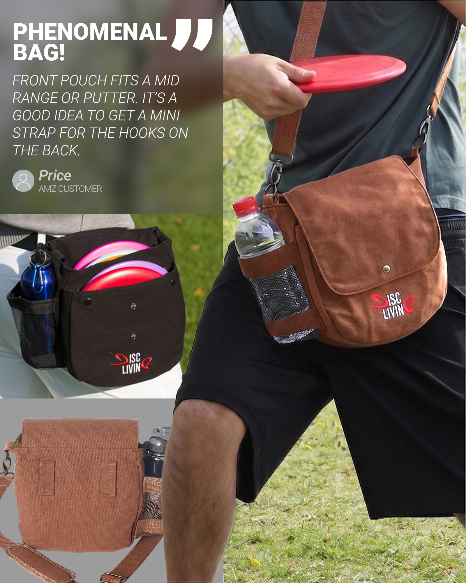 Sacca da golf per dischi, borsa da golf Frisbee, leggera, adatta fino a 10 dischi, cinghia da cintura, imbottitura con tracolla regolabile, design a doppio bottone frontale, tela