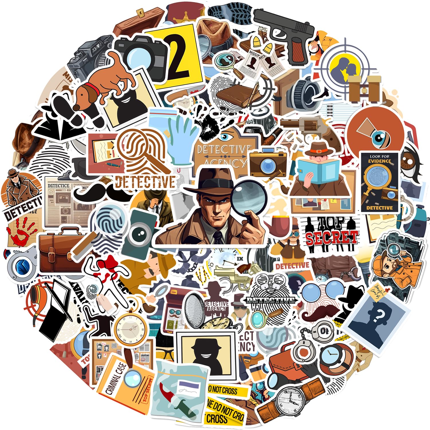 Photo 1 of 100 Pcs Detective Stickers, Secret Agent Spy Birthday Party Decorations Detective Themed Party Decorations Gifts Vinyl Waterproof Stickers for Water Bottle Laptop