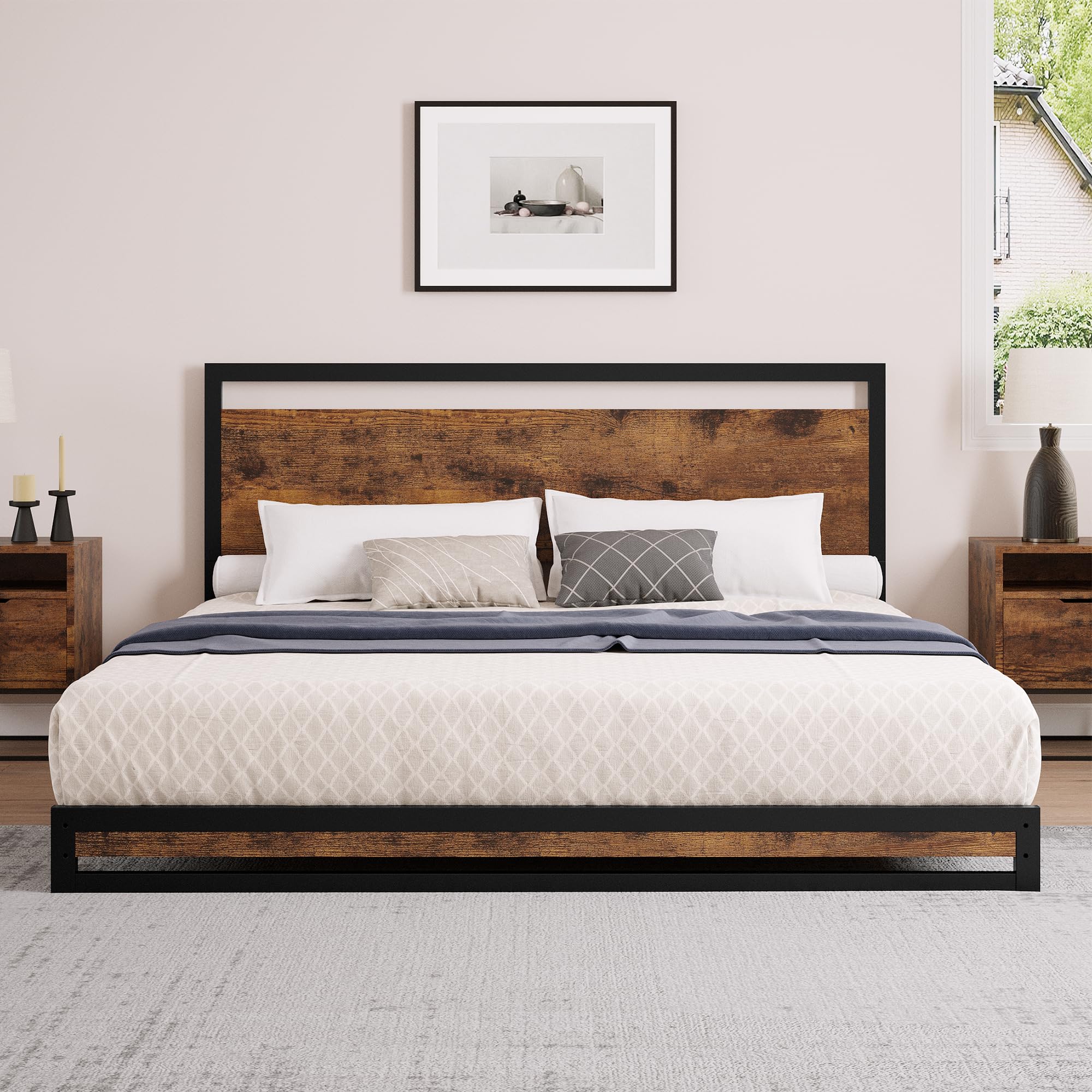 IDEALHOUSE 6 Inch King Size Platform Bed Frame with Wooden Headboard and Footboard, Heavy Duty Wooden Slats Support, No Box Spring Needed, Rustic Brown