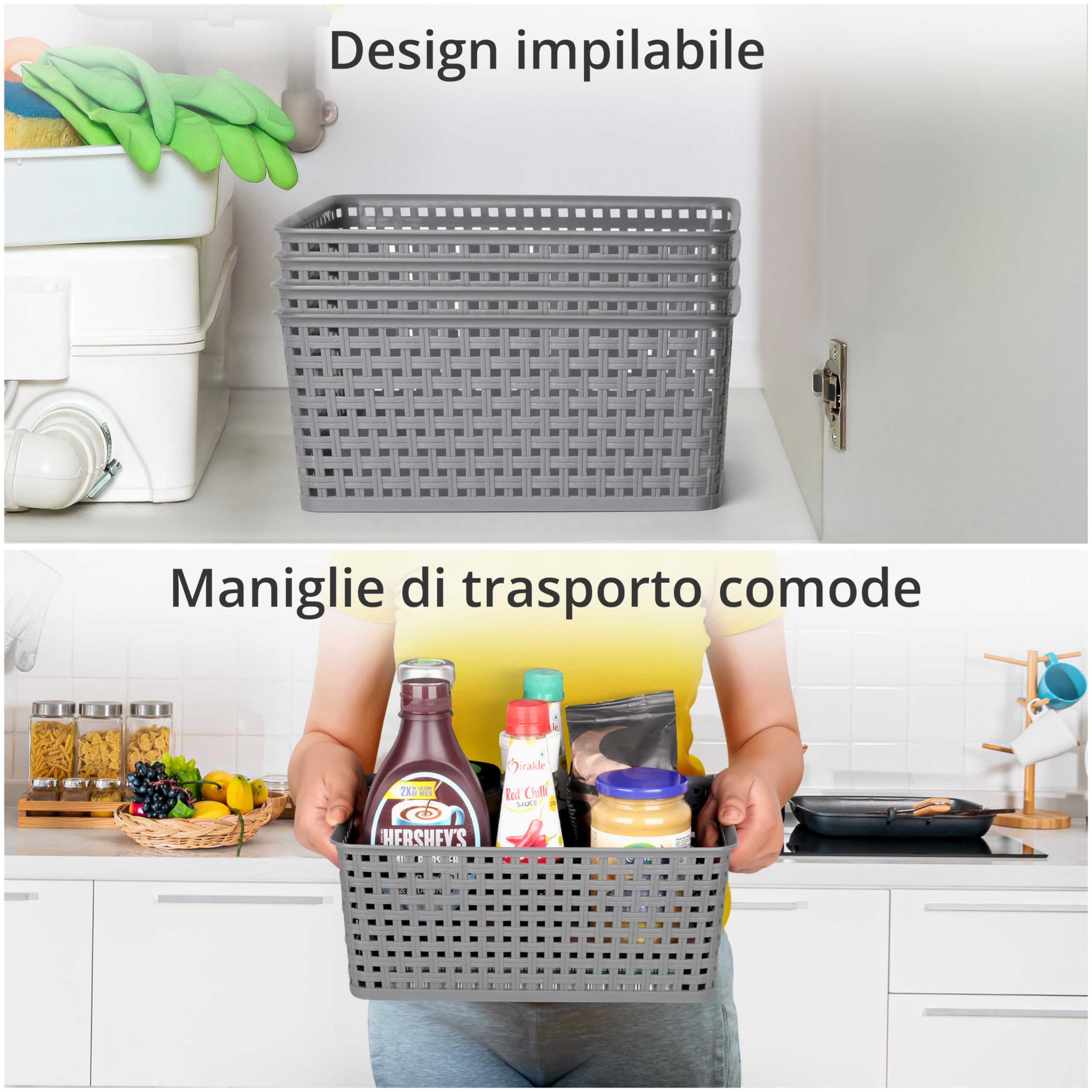 Winter Shore Ceste Portaoggetti Grigie [4 Pezzi] - Cassette Plastica Intrecciate per Organizzare Scaffali, Armadio e Cucina, Sottolavello, Lavanderia, Camera da Letto, Bagno - 29 x 22,5 x 12 cm
