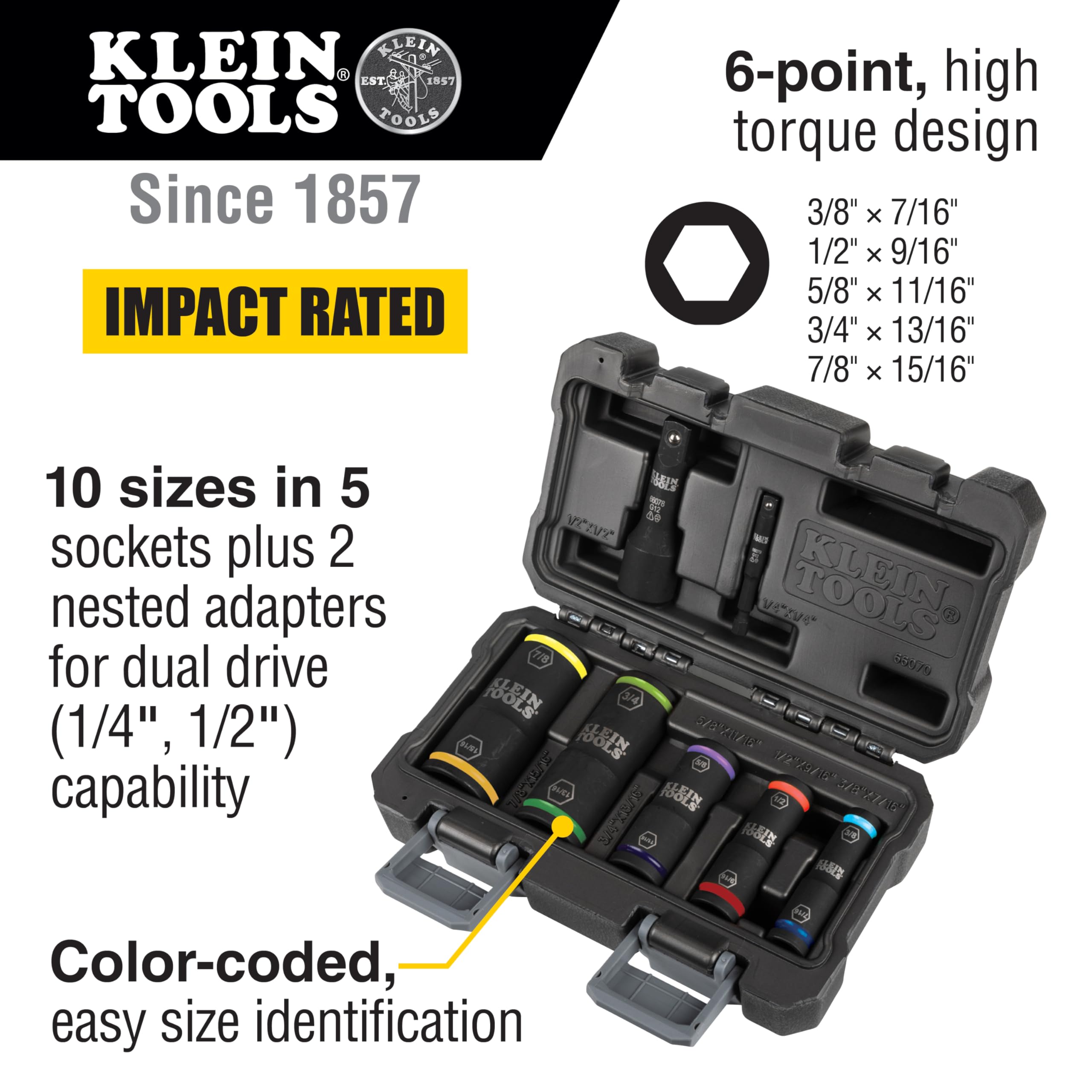 Klein Tools Juego de llaves de impacto – 5 enchufes, adaptadores hexagonales de 1/4 pulgadas y cuadrados de 1/2 pulgada, 7 piezas