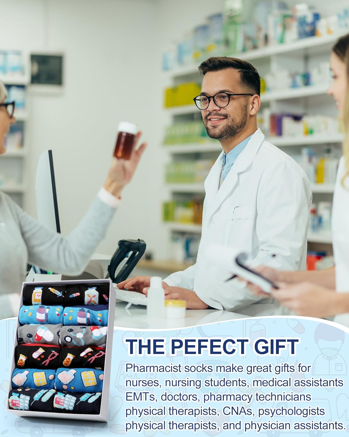 6 Pairs Novelty Pharmacists Socks for Men Women Funny Cotton Crew Socks Medical Week Birthday Gift for Pharmacist Pharmacy Student or Coworker - Image 3