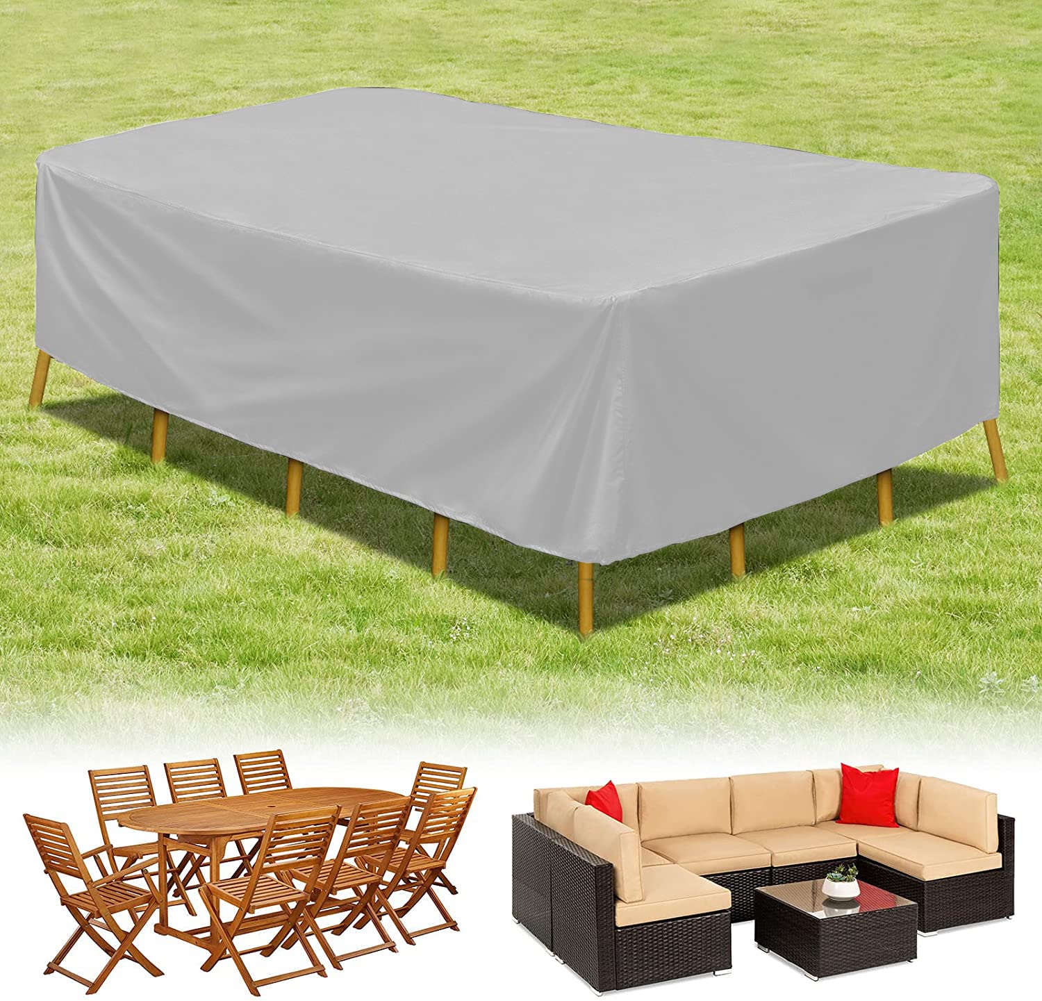 SKADE Patio Furniture Cover Waterproof, Outdoor Table Cover - Tear-Resistant, Weather Resistant - Outdoor Table and Chairs, Sofa, Sectional Cover - Storage Bag Included (308x138x89cm)