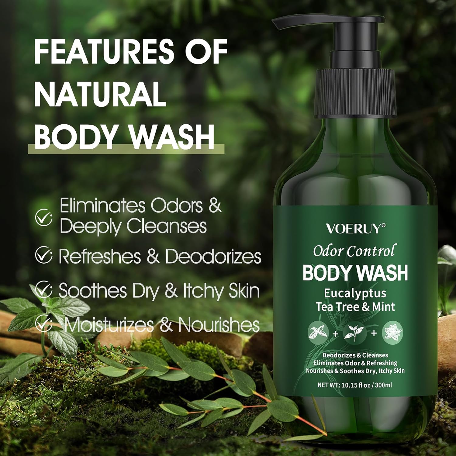 Eucalyptus & Tea Tree Oil Deodorizing Body Wash for Men & Women - 24 Hour Odor Control Shower Gel, Nourish & Sooth Dry, Itchy Skin, Natural Odor Control with Coconut Oil, Sulfate & Paraben-Free - Image 2