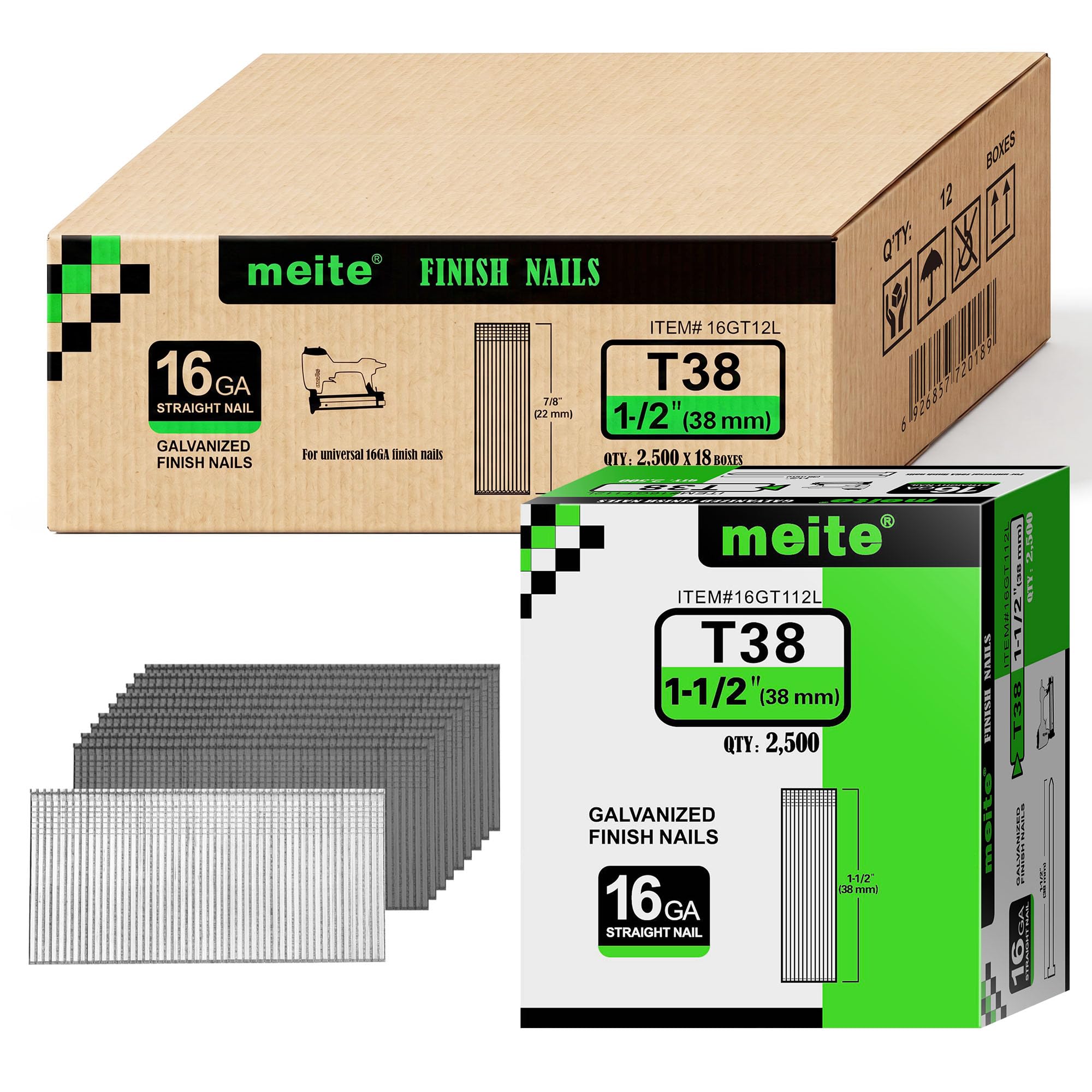 meite 16 Gauge Finish Nails 1-1/2 Inch Galvanized Straight T-Nail 30,000PCS