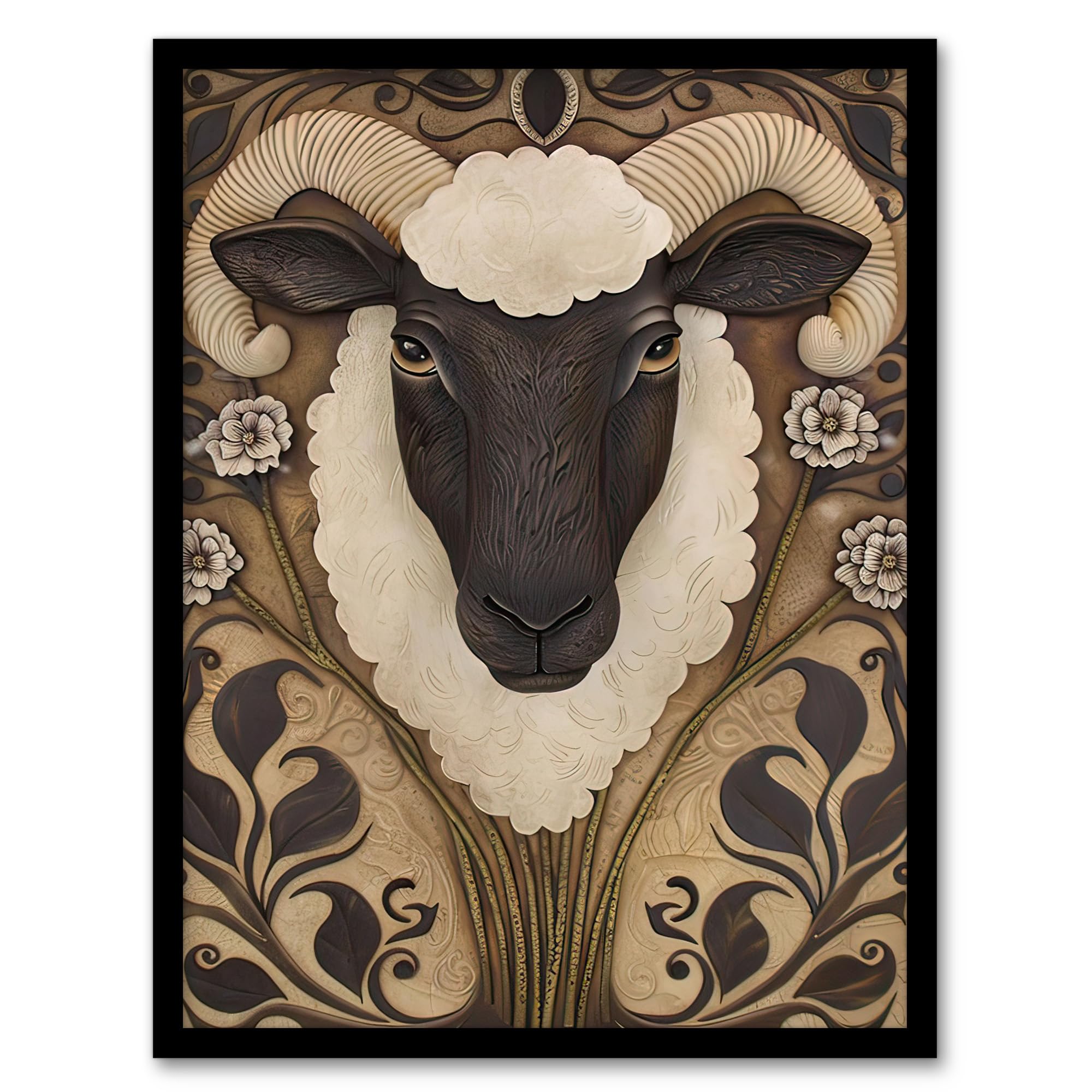 Artery8 Botanical Filigree Design with Ram Sheep Head Living Room Artwork Framed Wall Art Print 18X24 Inch