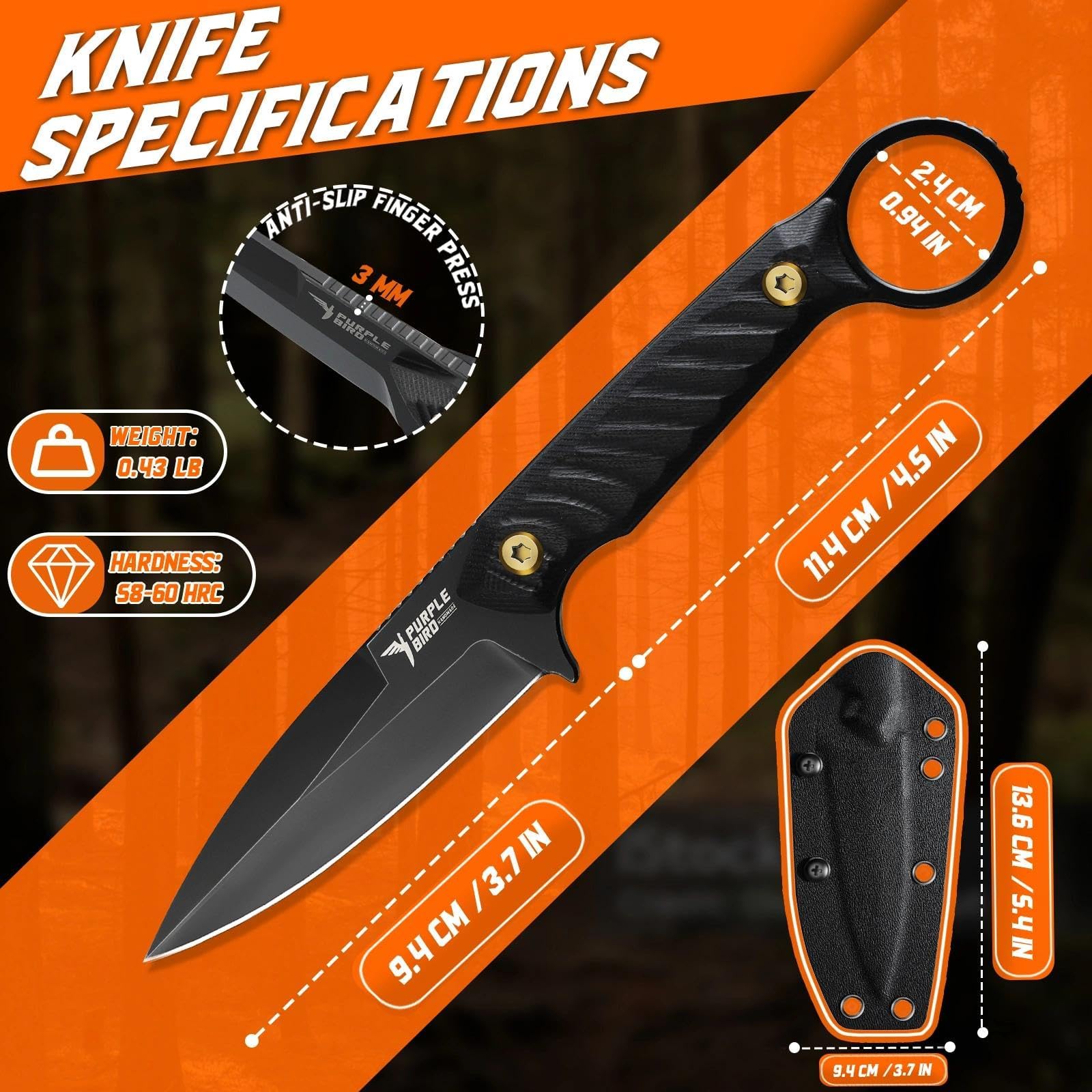 PURPLEBIRD Messer mit Feststehender Klinge, Camping Messer mit Scheide und Verstellbarer Gürtelclip, Full Tang Outdoor Messer aus 440C Stahl mit G10 Griff für EDC Überleben und Jagd (Schwarz)