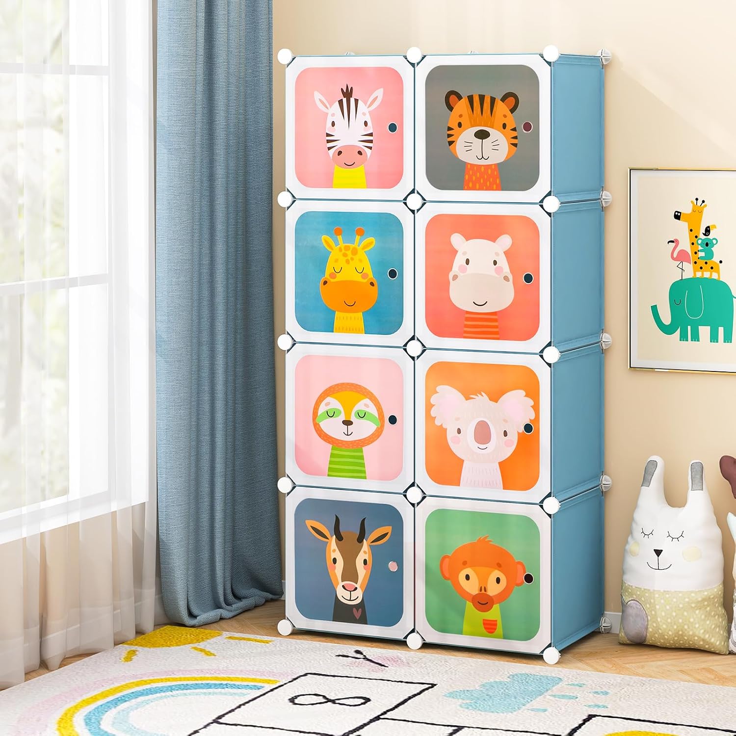 GLACER Kids Wardrobe, 8-Cube Baby Closet with Doors and Hanging Rod, Baby Clothes Organizer, Dress Up Storage, Cartoon Animal Modular Wardrobe for Nursery Playroom Bedroom (Blue)