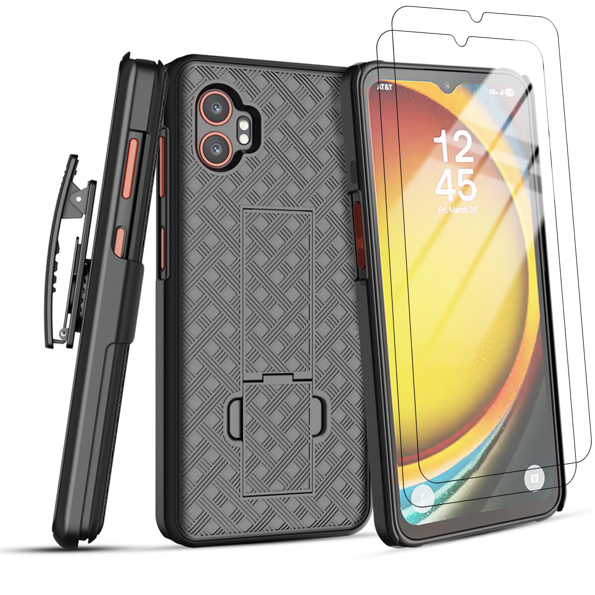 WODAF Case Compatible with Galaxy Xcover 7 Pro, with Tempered Glass Screen Protector Slim Shockproof Phone Cover with Kickstand (Black)