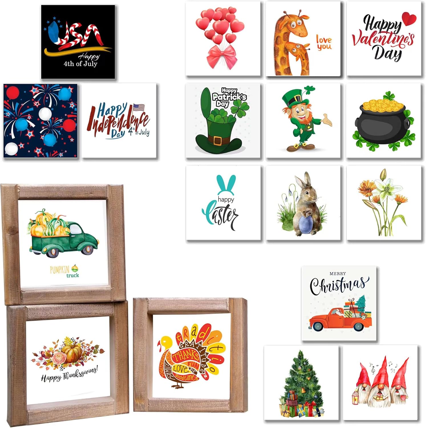 Farmhouse Summer Fall Winter Spring Interchangeable Wall Decor Set Large Tiered Tray Decor, Farmhouse Season Signs, 3 Wooden Frames 48 Signs Pictures,Festival Birthday Kids Bedroom Office Decorations