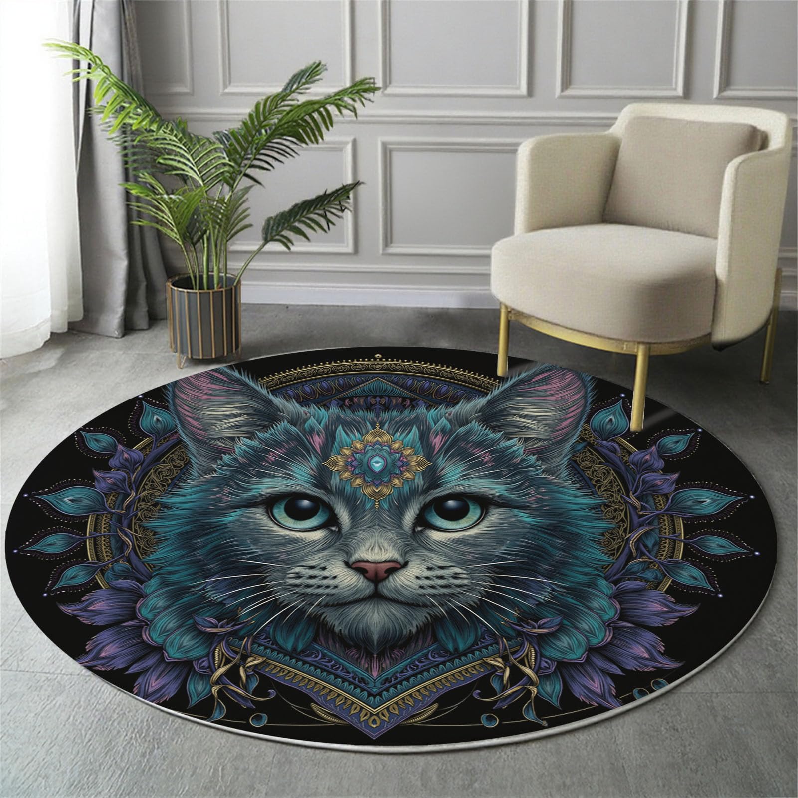 Tapis rond 100cm chat mandala bleu violet en flanelle douce pour chambre et salon