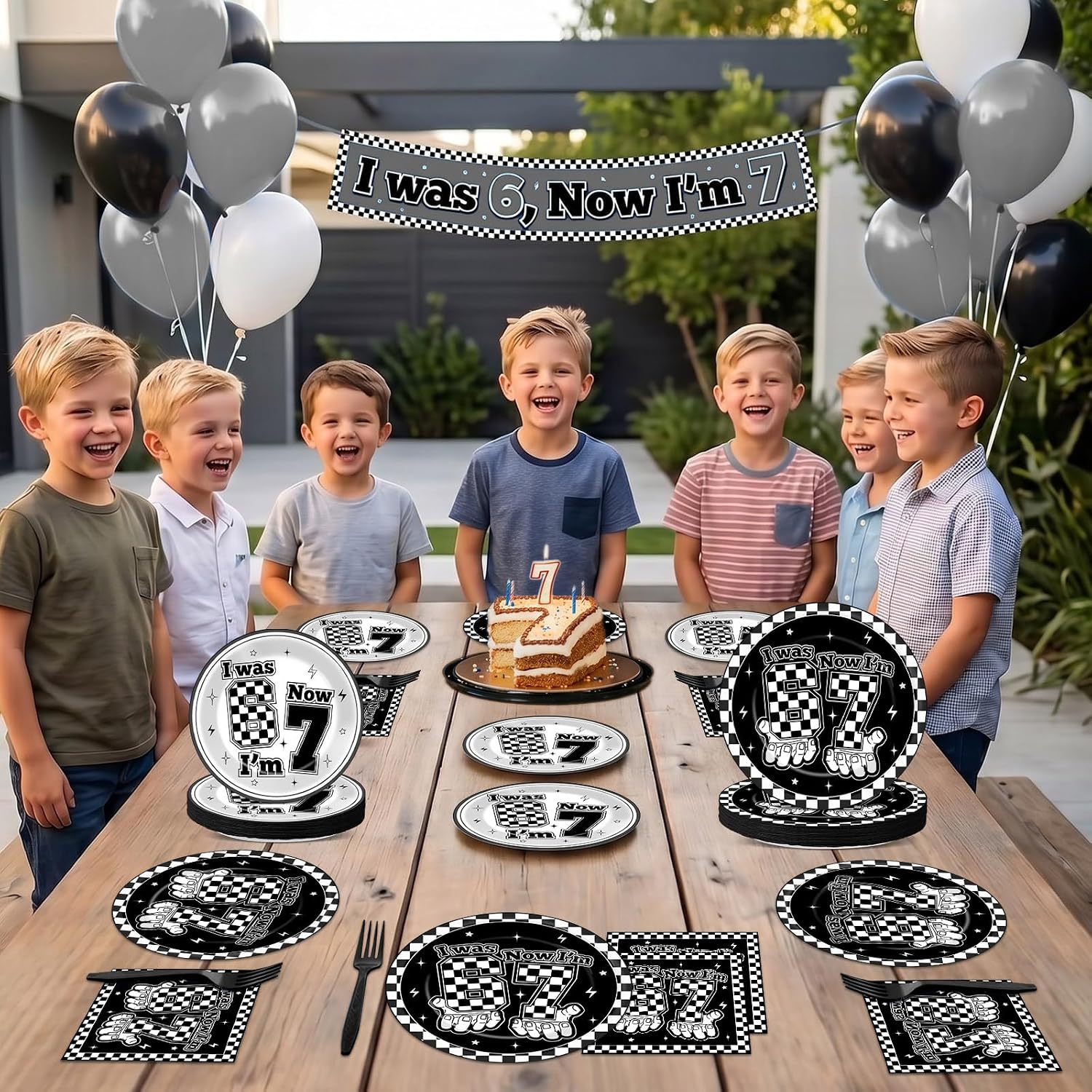 96Pcs I Was 6 Now I Am 7 Tableware White and Black Checkered Party Decoration Seven Years Old Paper Plate I Was Six Now I Am Seven Birthday Supply Checkered Funny 7th Meme Dinnerware for 24 Guests