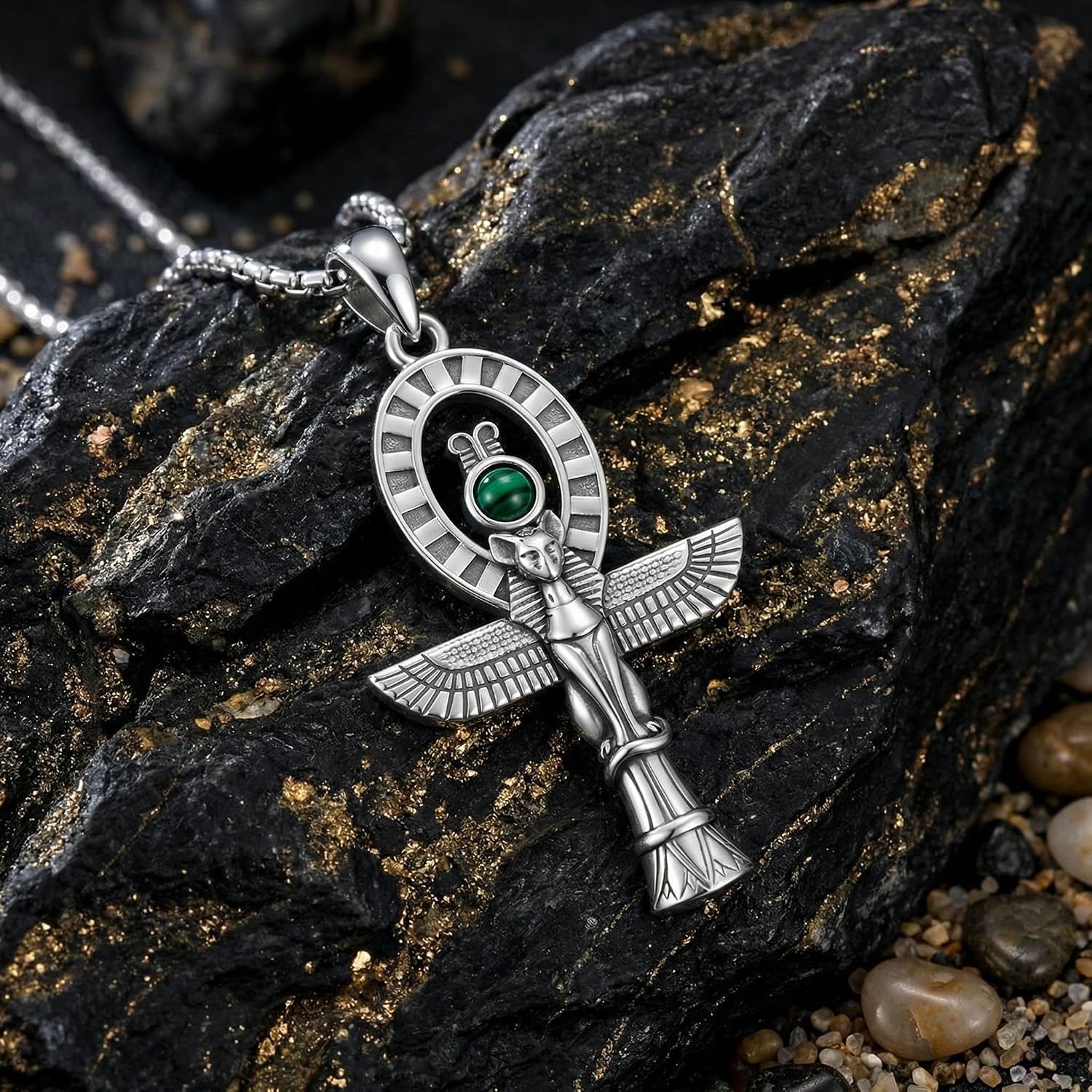 PELOVNY Ankh Necklace 925 Sterling Silver Ankh Pendant Anubis Bastet Isis Eye of Horus Necklace Protection Egyptian Jewelry Anniversary Birthday Gifts for Women Men