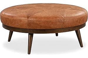 Modern Art Deco Round Leather Ottoman in Cognac Tan