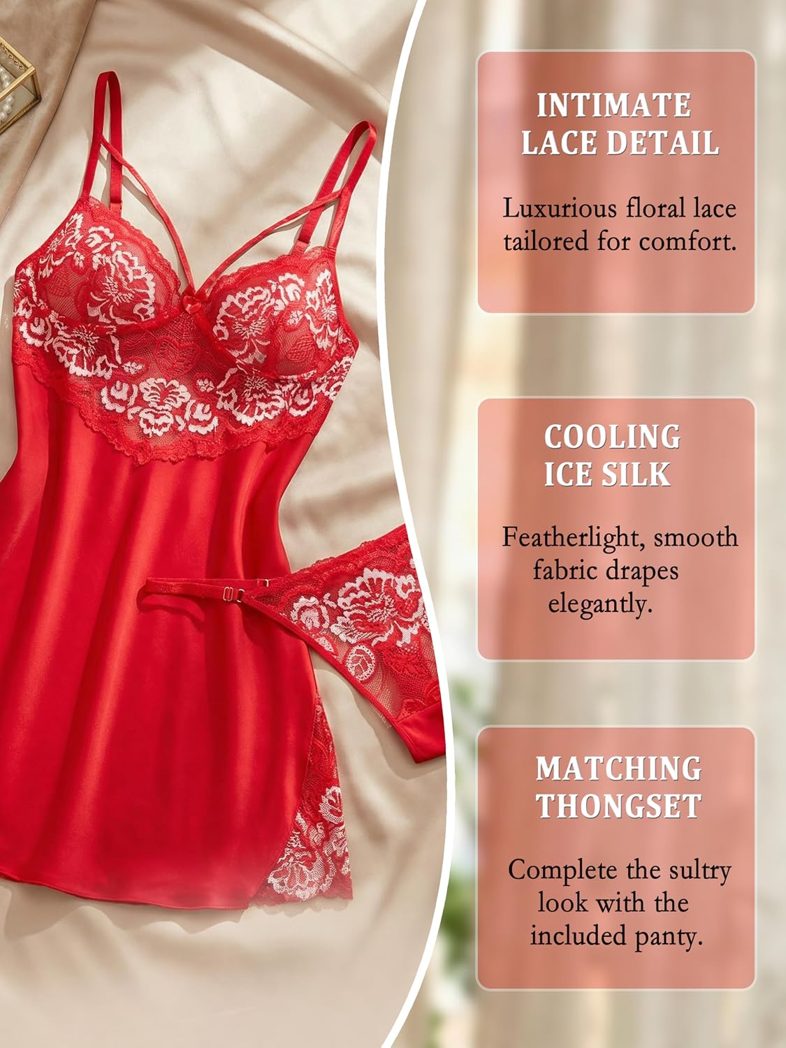 Lace Women's Nightgowns & Sleepshirts, Double Straps & Side Slit & Stretch Ice Silk Nightgowns Dress for women sexy